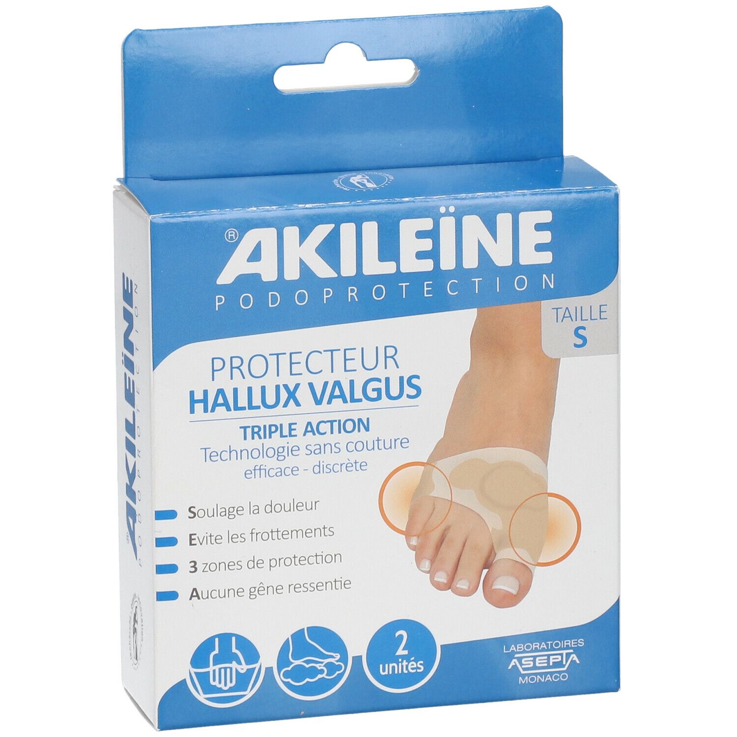 Boîte Akileine Protecteur Hallux Valgus Taille S. Protection pour le pied. 2 unités. Emballage bleu et blanc.