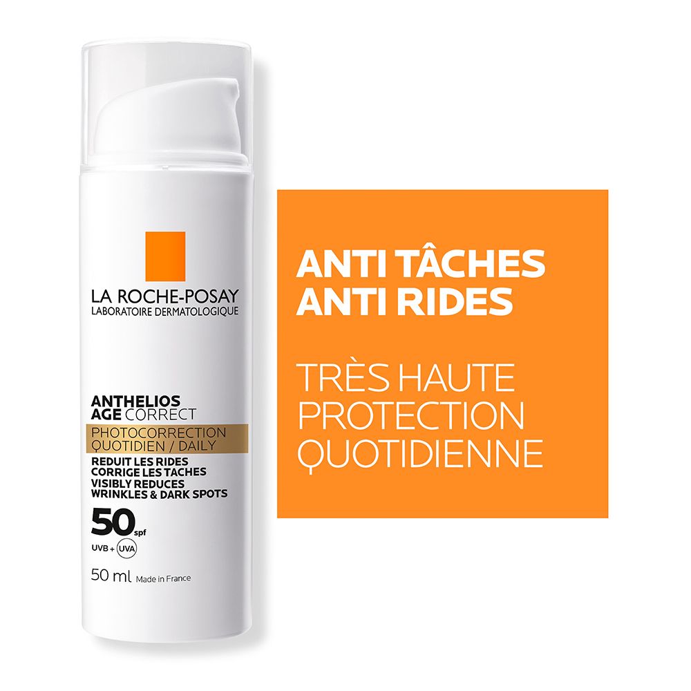 Flacon blanc Anthelios Age Correct SPF 50. Texte: LA ROCHE-POSAY. Anti-taches, anti-rides. Haute protection.
