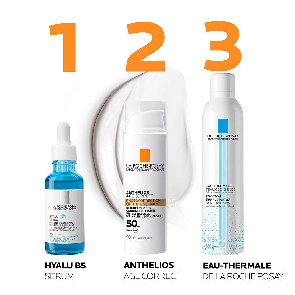 Trois produits: Hyalu B5 Serum, Anthelios Age Correct, Eau Thermale. Produits LA ROCHE-POSAY.