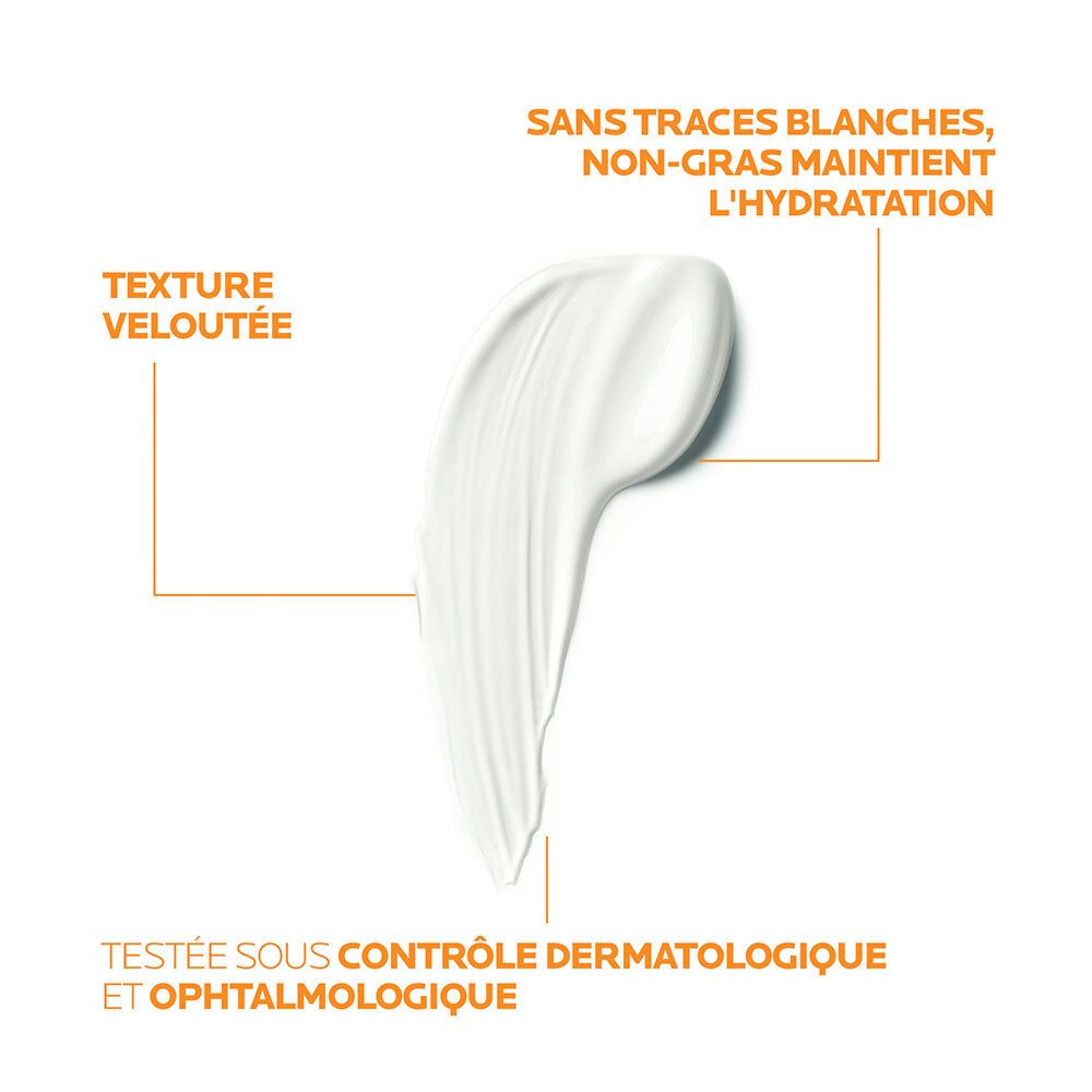 Creme-Textur, weißer Farbton. Text-Hinweise: Ohne weiße Spuren, nicht fettend, dermatologisch und ophthalmologisch getestet.