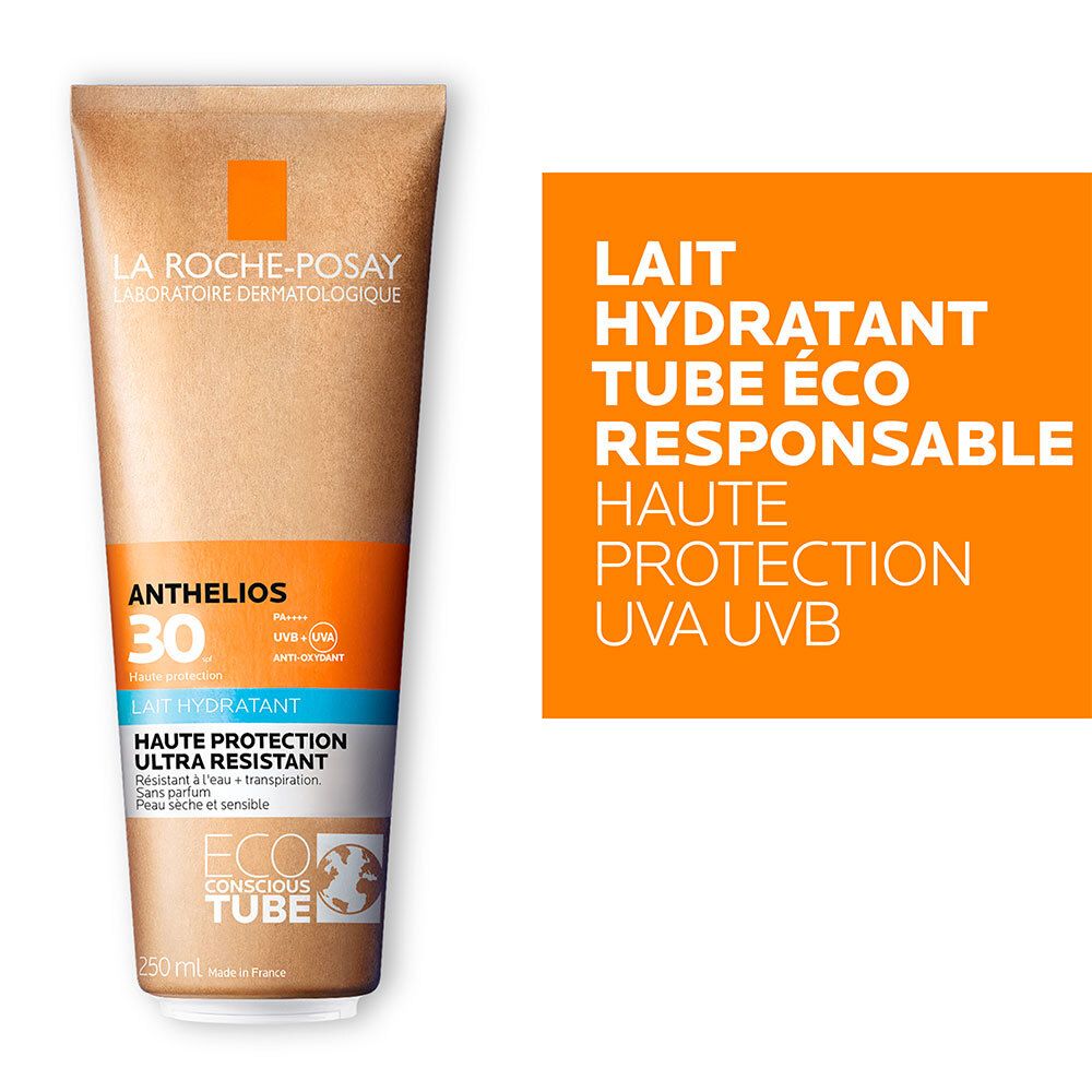 Braune Tube mit orangefarbenem Streifen. Text: LA ROCHE-POSAY, Anthelios 30, Lait Hydratant, Eco-Tube, hohe UVA/UVB-Schutz.