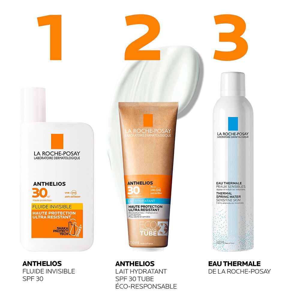 Drei Produkte: 1. Anthelios Fluid, 2. Anthelios Lait Hydratant, 3. Eau Thermale. Text: Anthelios 30, hohe UVA/UVB-Schutz.