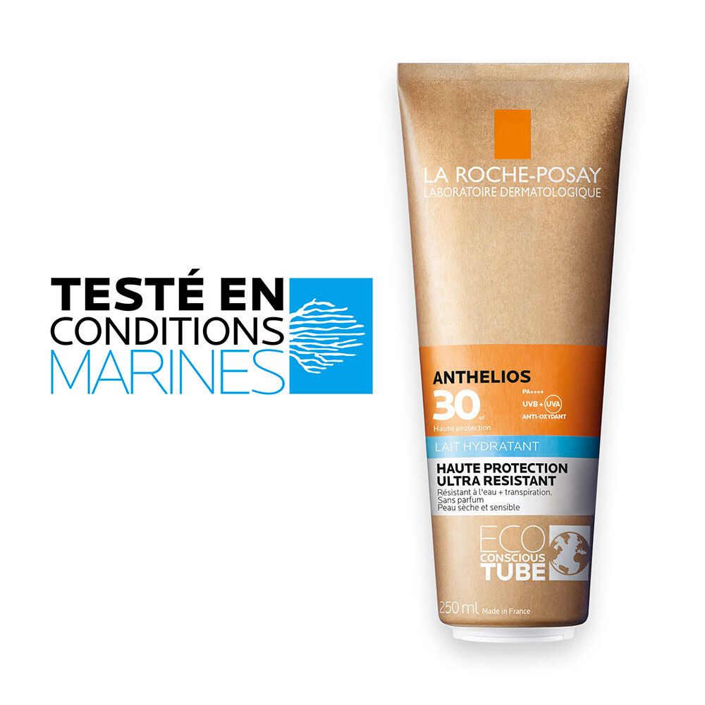 Braune Tube mit orangefarbenem Streifen. Text: Anthelios 30, Lait Hydratant, hohe UVA/UVB-Schutz. Getestet in Meeresbedingungen.