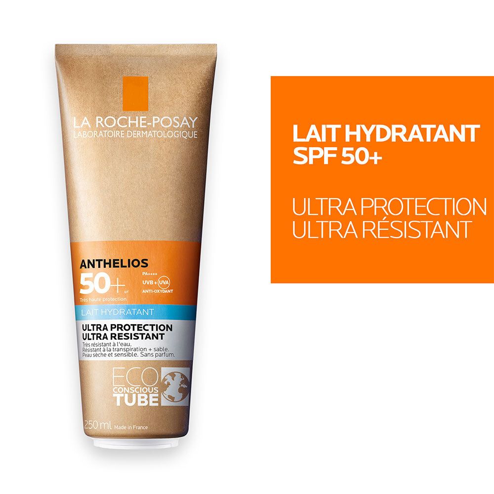 Tube de lotion solaire. Marque: LA ROCHE-POSAY. Texte: Anthelios 50+. Avec texte séparé: Lait Hydratant SPF 50+.