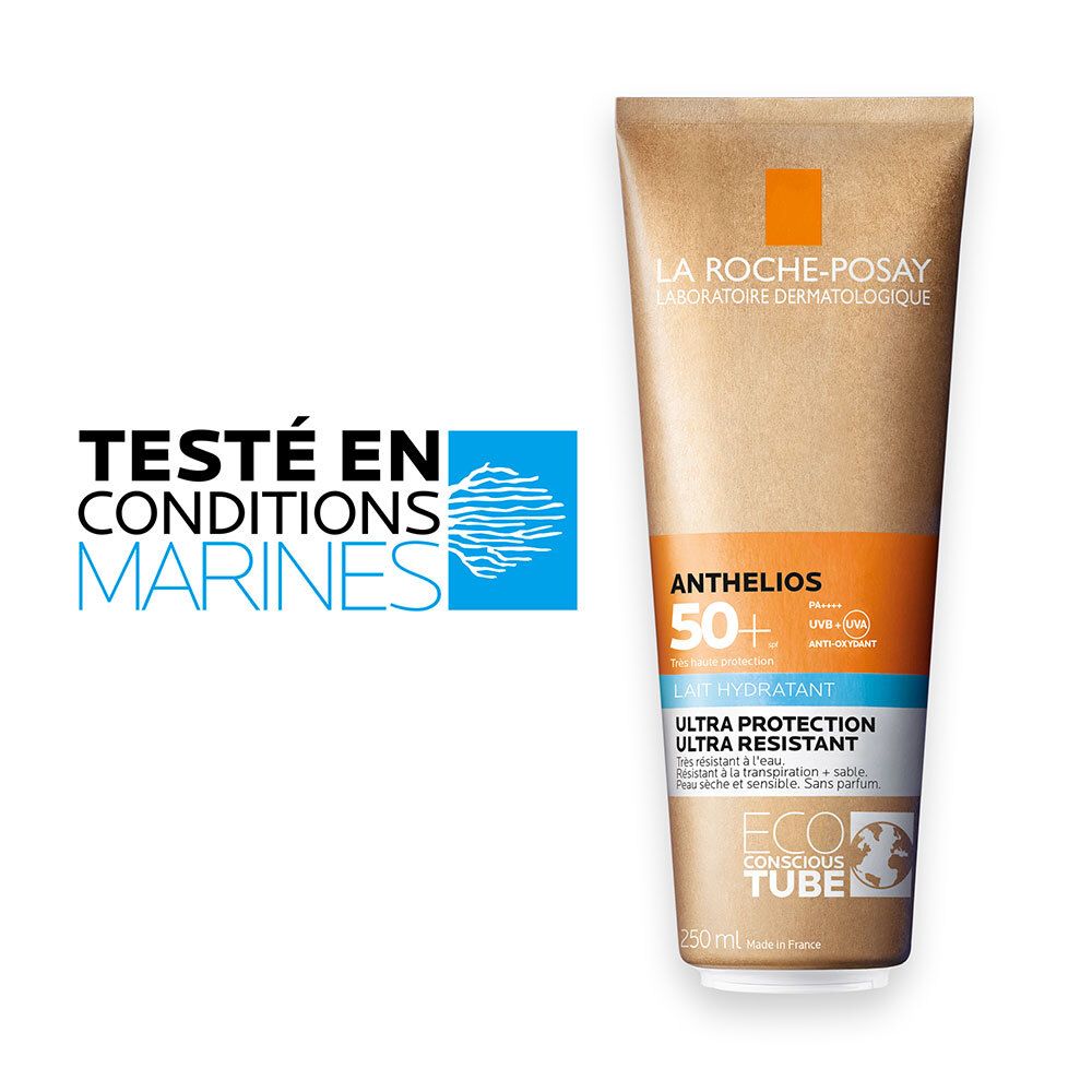 Tube de lotion solaire. Marque: LA ROCHE-POSAY. Texte: Anthelios 50+. Avec texte: Testé en conditions marines.
