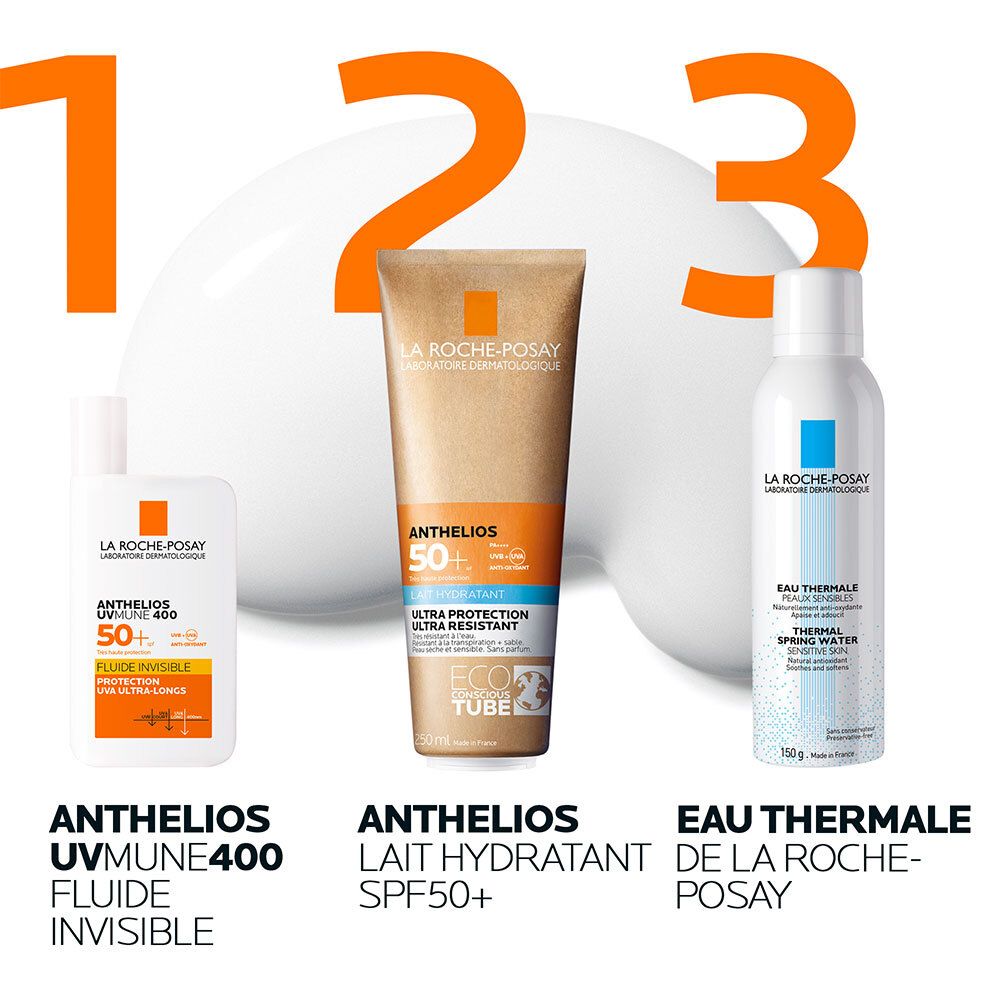 Trois produits: lotion solaire, crème solaire et eau thermale. Marque: LA ROCHE-POSAY. Texte: Anthelios.