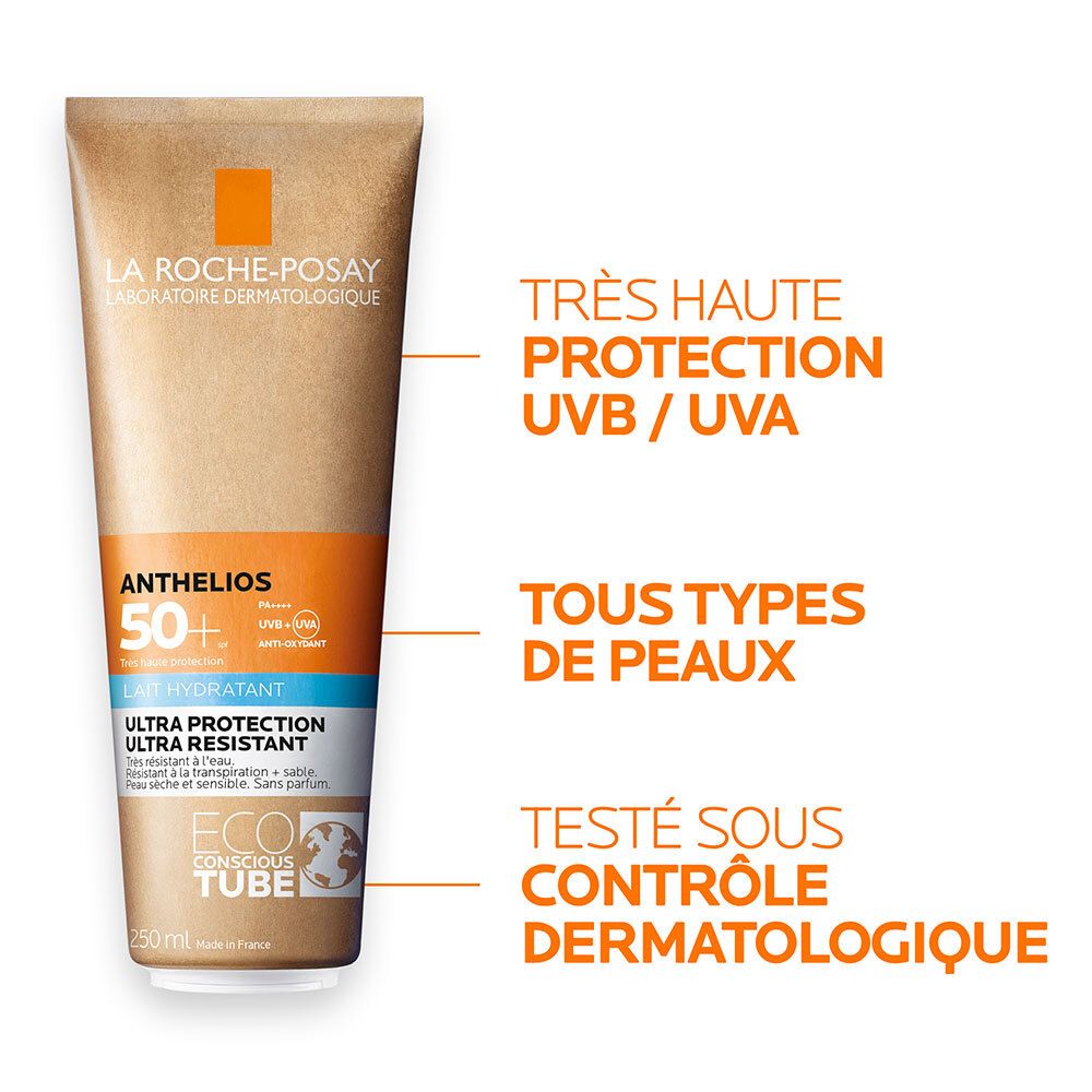 Tube de lotion solaire. Marque: LA ROCHE-POSAY. Texte: Anthelios 50+. Texte: Très haute protection UVB/UVA.
