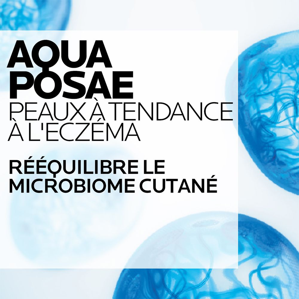 Fond bleu avec texte : AQUA POSAE, Peaux à tendance à l'eczéma, Rééquilibre le microbiome cutané.