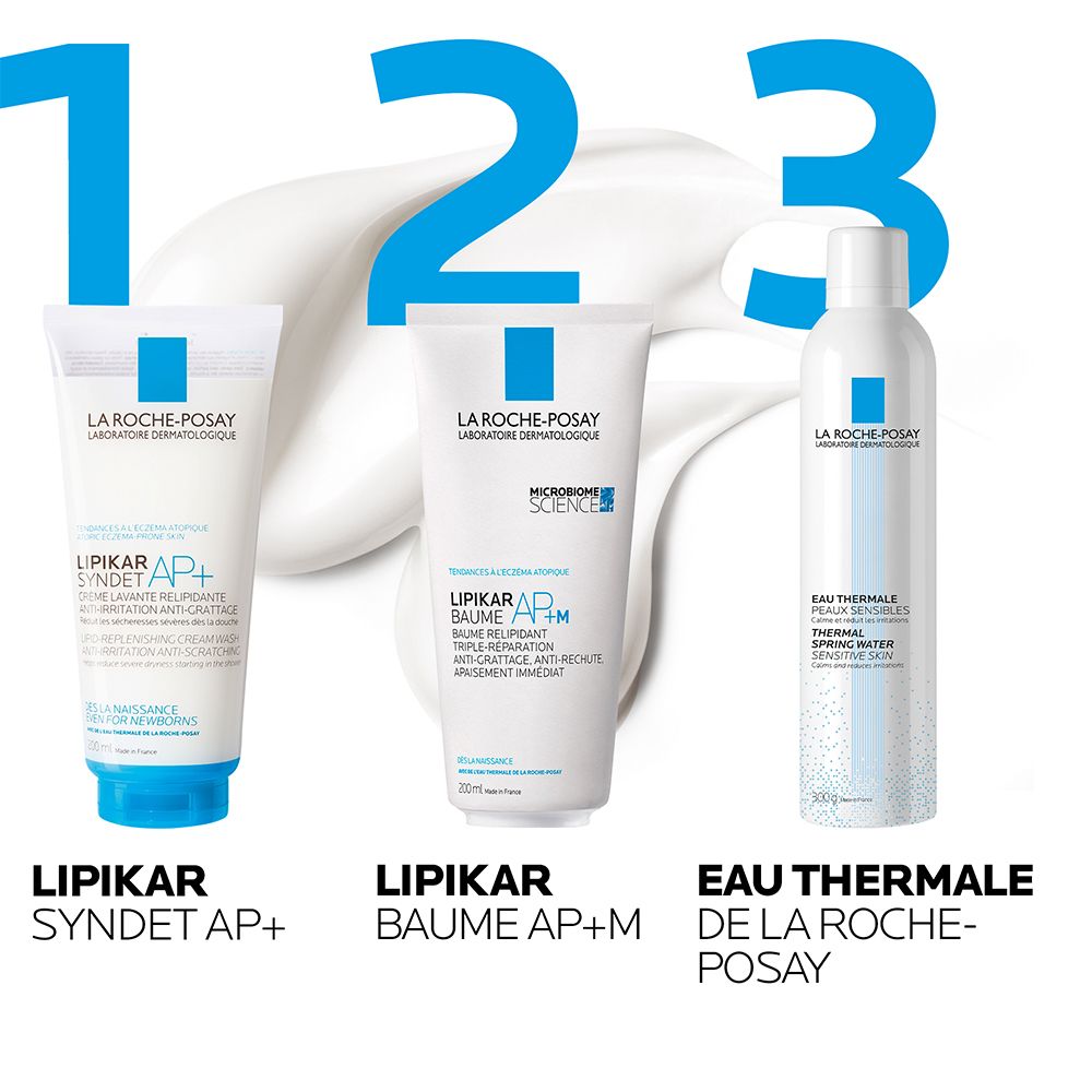Trois produits côte à côte. Lipikar Syndet AP+, Lipikar Baume AP+M, Eau Thermale de La Roche-Posay.