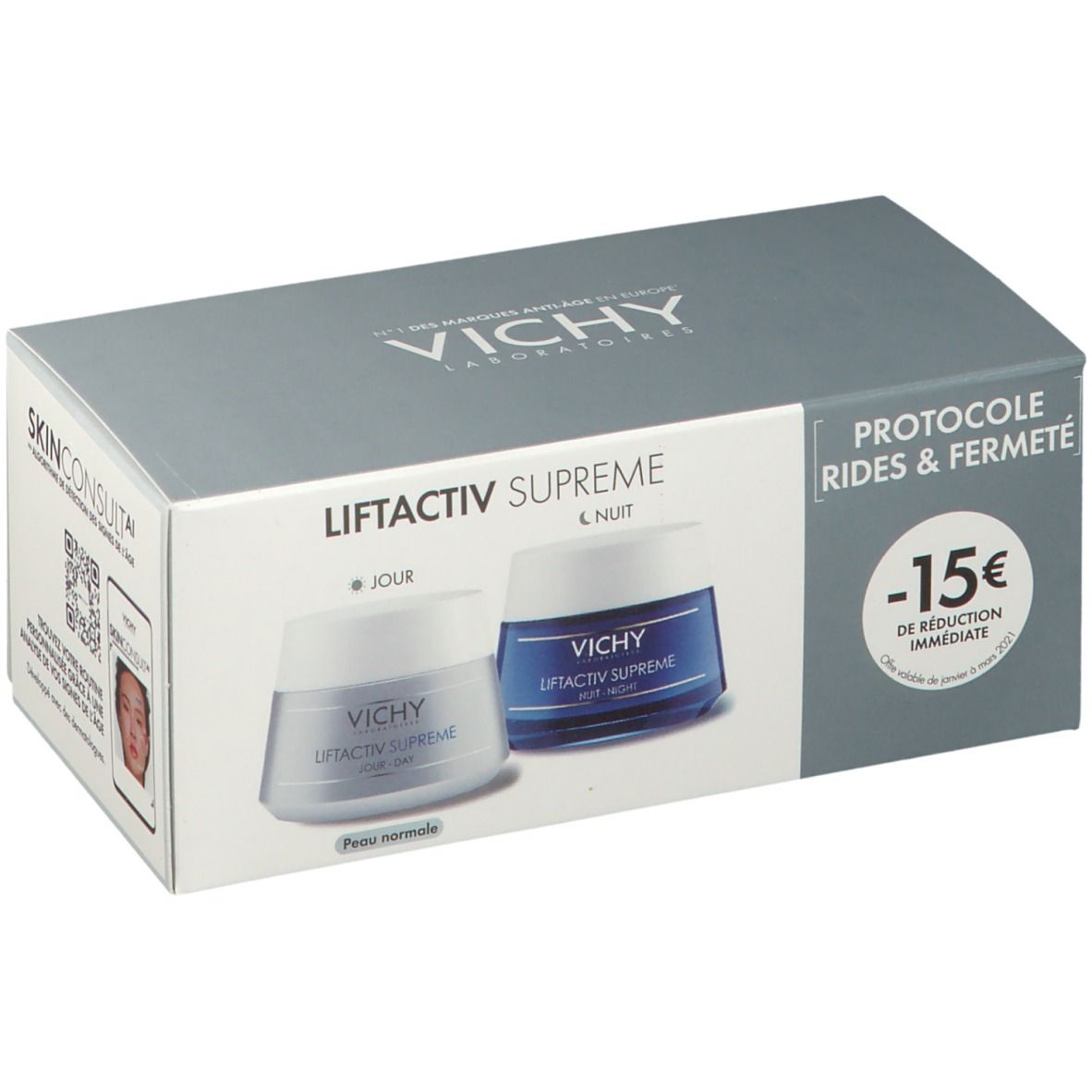 Geschenkbox mit zwei Cremes. Aufschrift: VICHY LiftActiv Supreme. Tag- und Nachtcreme für normale Haut. -15€ Rabatt.