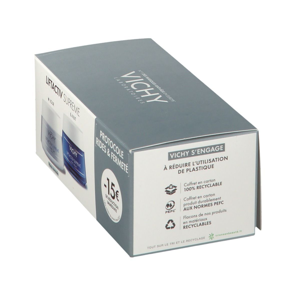 Geschenkbox mit zwei Cremes. Aufschrift: VICHY LiftActiv Supreme. Text: VICHY engagiert sich für die Reduzierung von Plastik. 100% recycelbar.