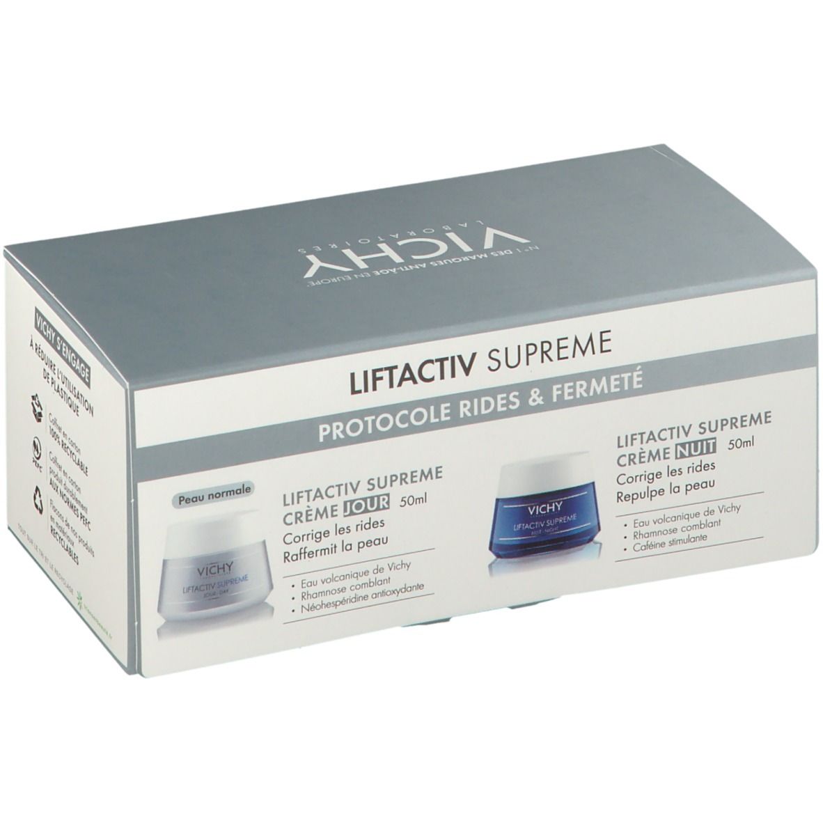 Geschenkbox mit zwei Cremes. Aufschrift: VICHY LiftActiv Supreme. Tag- und Nachtcreme für normale Haut. 50ml. Reduziert Falten.