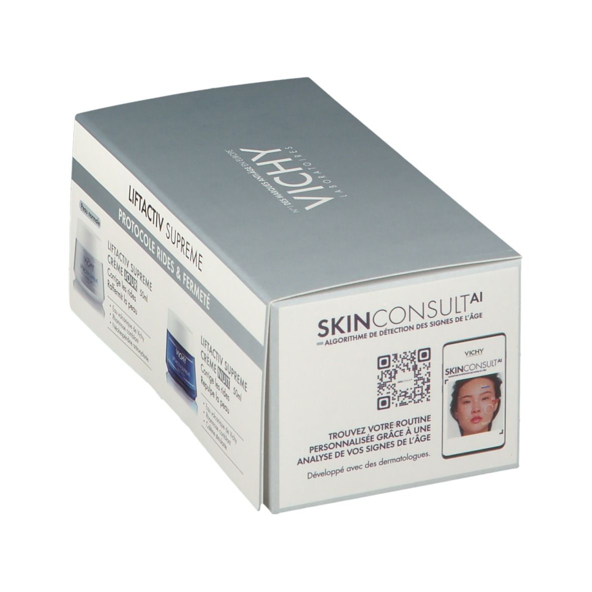 Geschenkbox mit zwei Cremes. Aufschrift: VICHY LiftActiv Supreme. Mit QR-Code für Hautanalyse. SkinConsult AI.