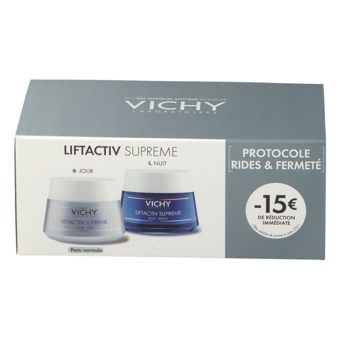 Geschenkbox mit zwei Cremes. Aufschrift: VICHY LiftActiv Supreme. Tag- und Nachtcreme für normale Haut. -15€ Rabatt.