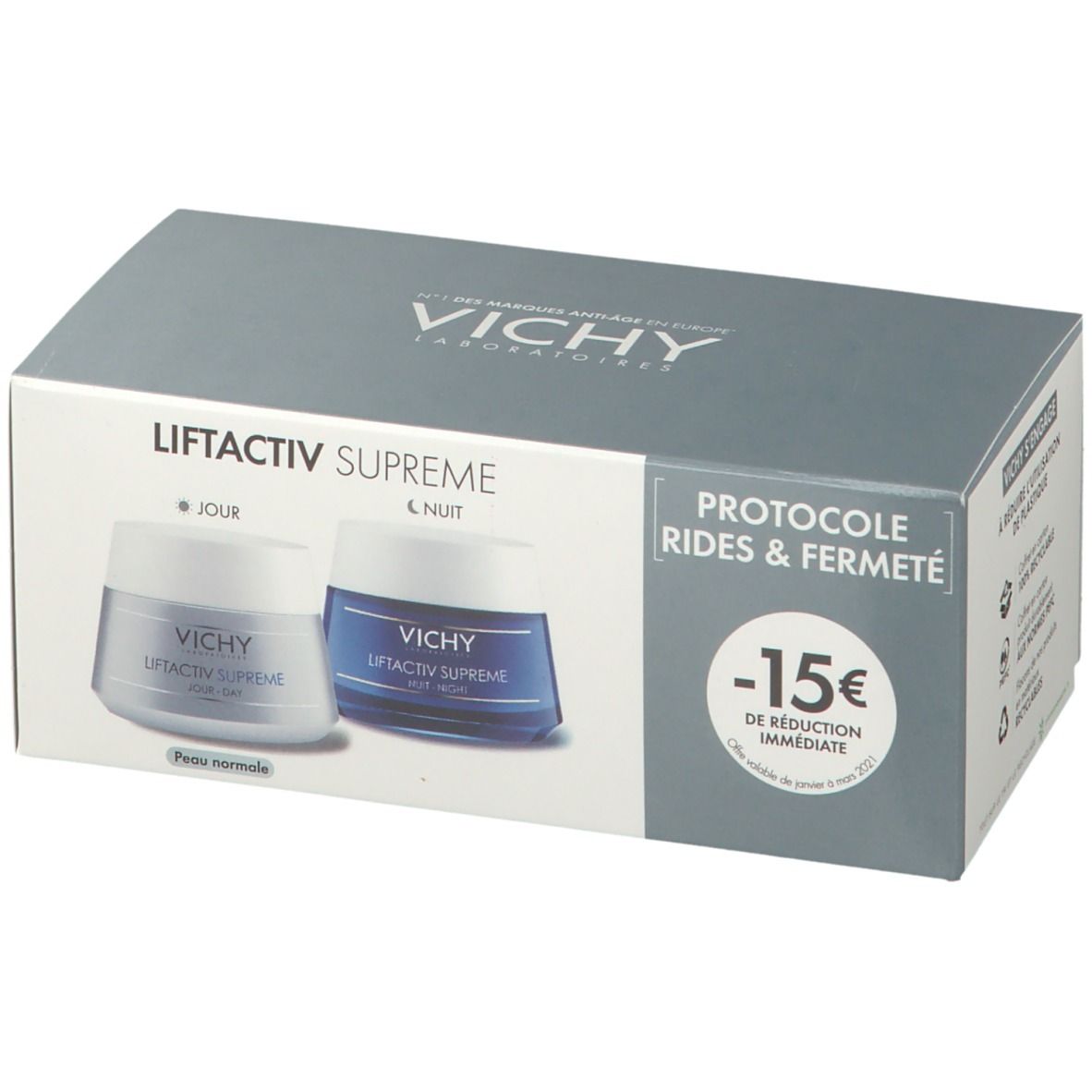 Geschenkbox mit zwei Cremes. Aufschrift: VICHY LiftActiv Supreme. Tag- und Nachtcreme für normale Haut. -15€ Rabatt.