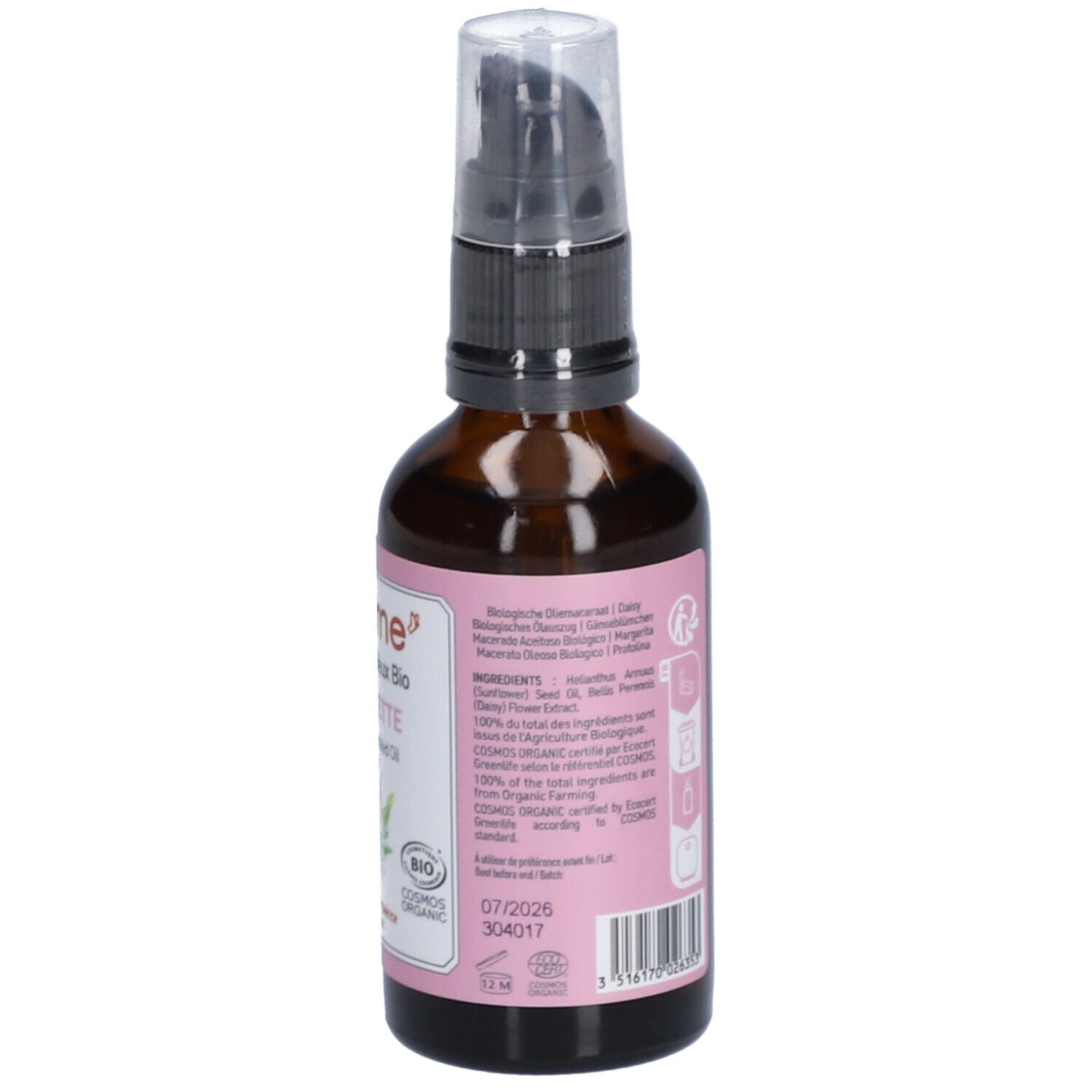 Braune Glasflasche mit Pumpe. Etikett mit Produktinformationen, Inhaltsstoffen und Bio-Siegel.