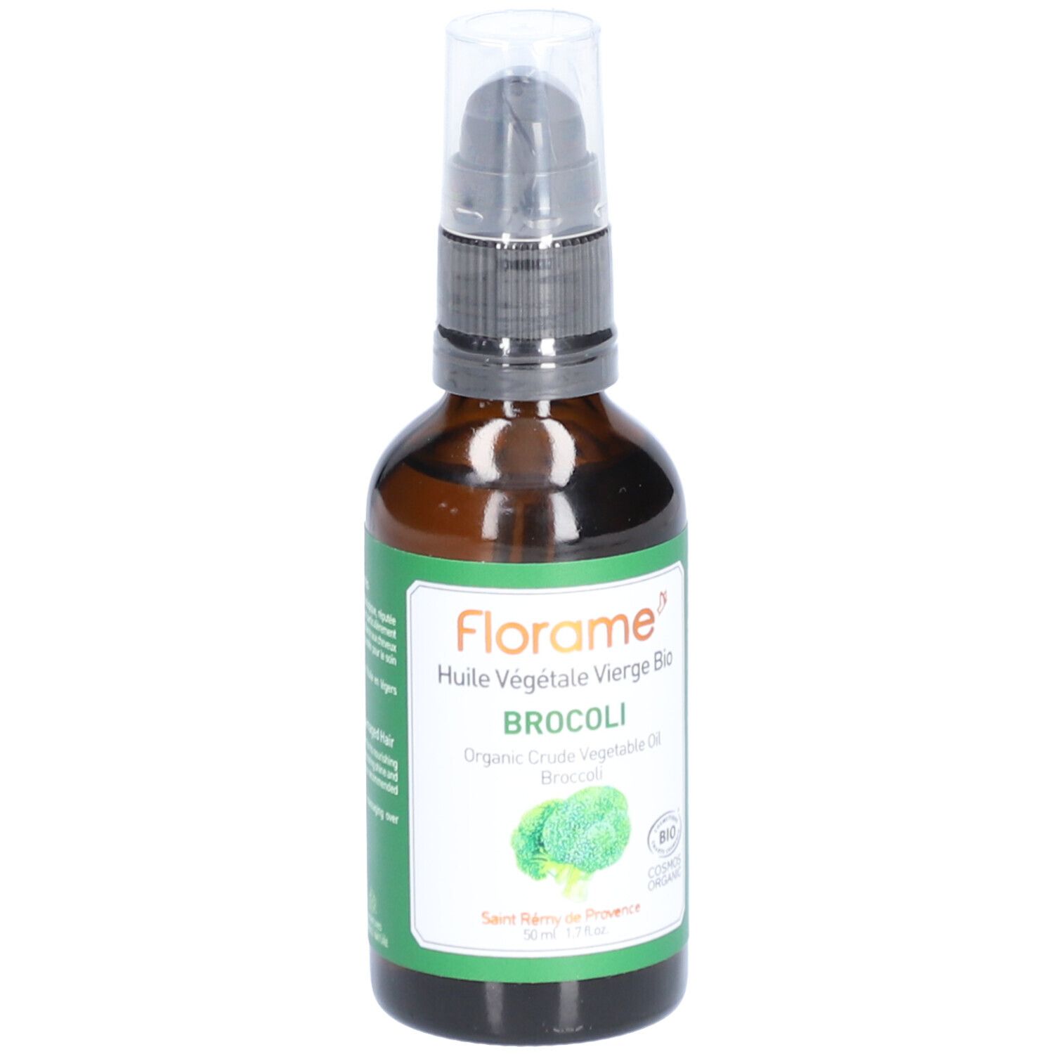 Braunglasflasche mit Pumpe. Etikett mit "Florame" und "Broccoli". Bio-Zertifizierung. Abbildung von Brokkoli.