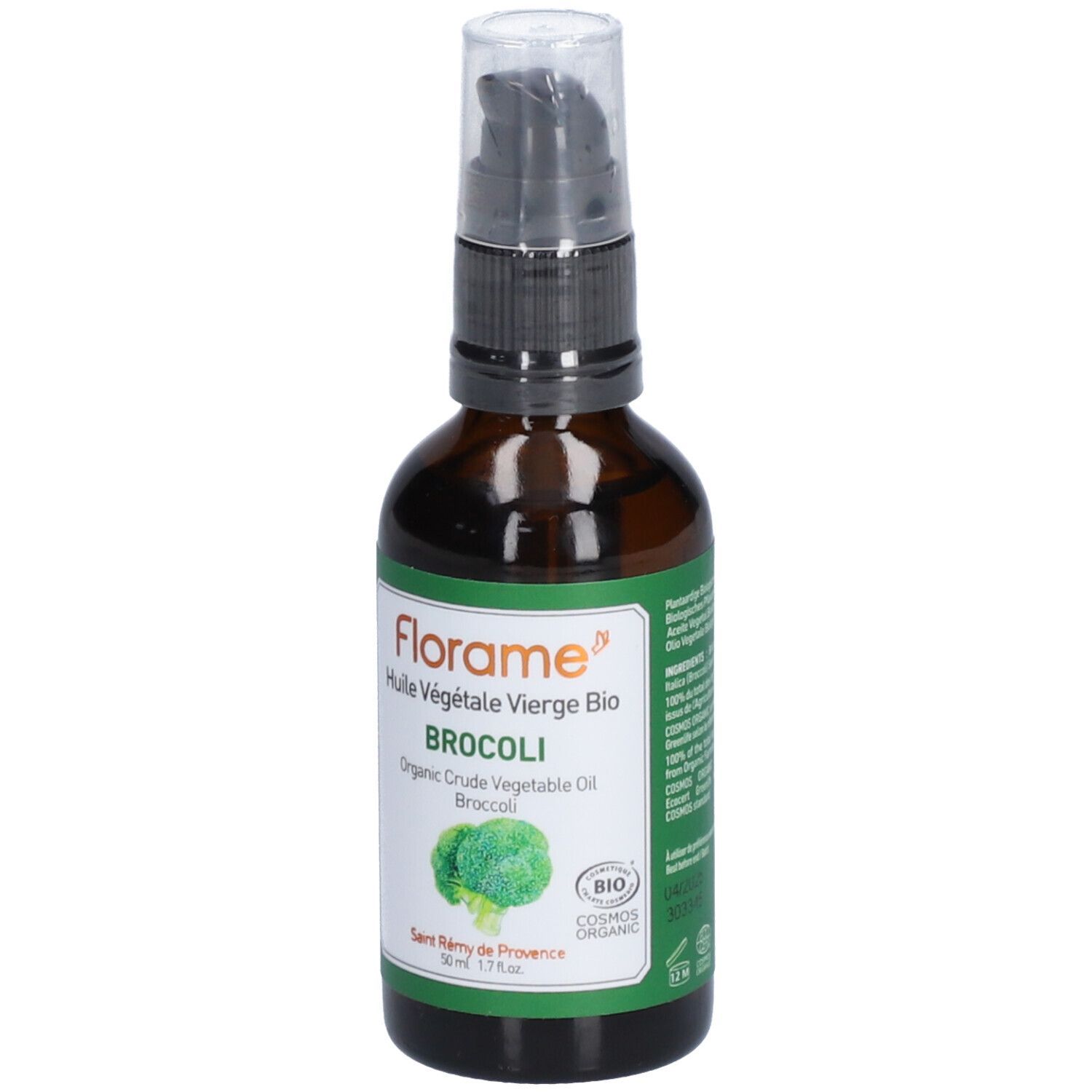 Braunglasflasche mit Pumpe. Etikett mit "Florame" und "Broccoli". Bio-Zertifizierung. Abbildung von Brokkoli.