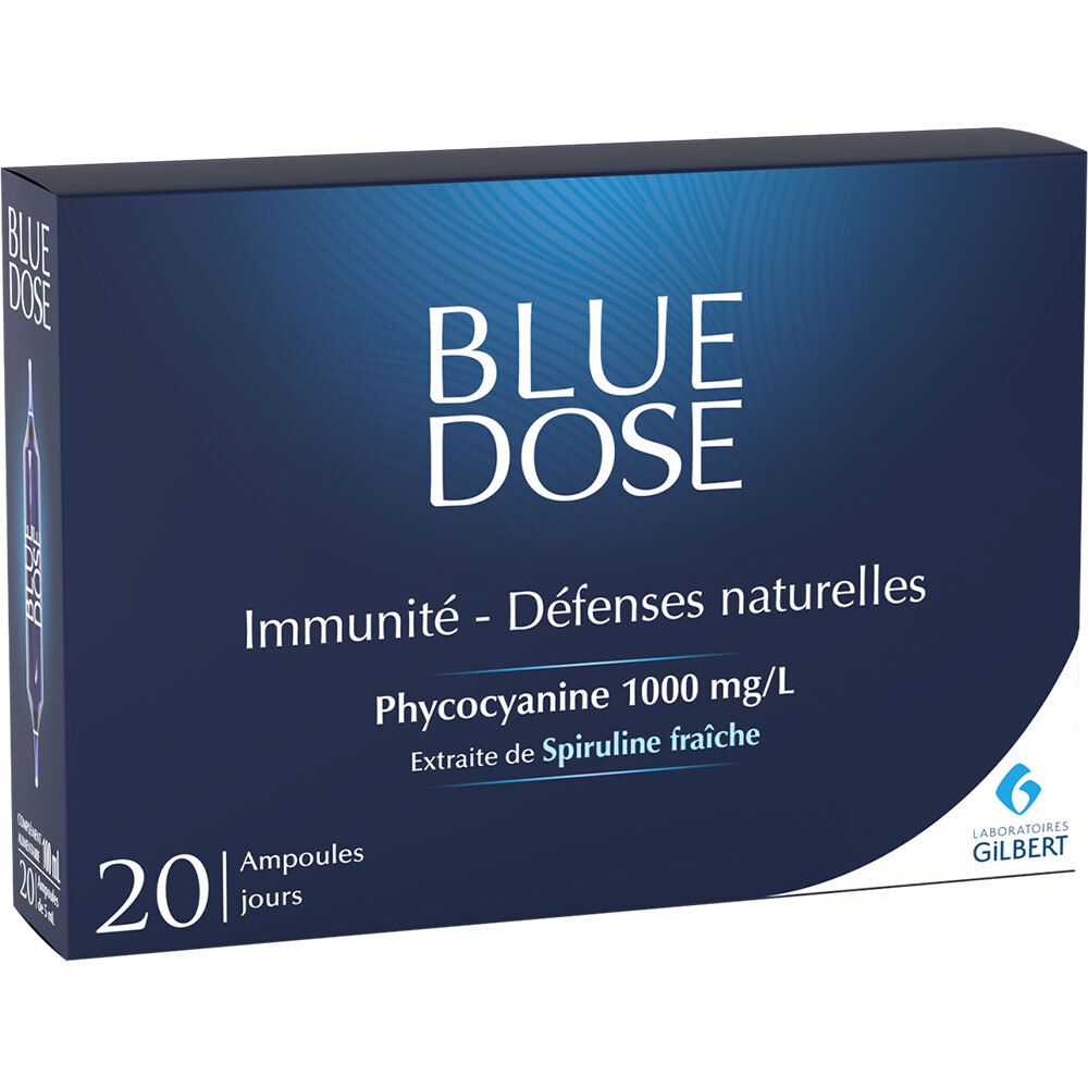 Boîte bleu foncé avec texte blanc BLUE DOSE. Texte: Immunité - Défenses naturelles, Phycozyanine 1000 mg/L, 20 ampoules.