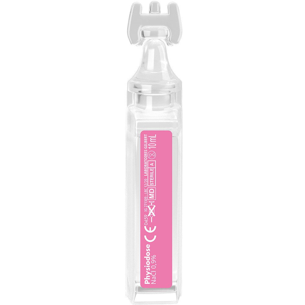 Unidose transparente avec étiquette rose. Texte: Physiodose NaCl 0,9%. 10 ml.