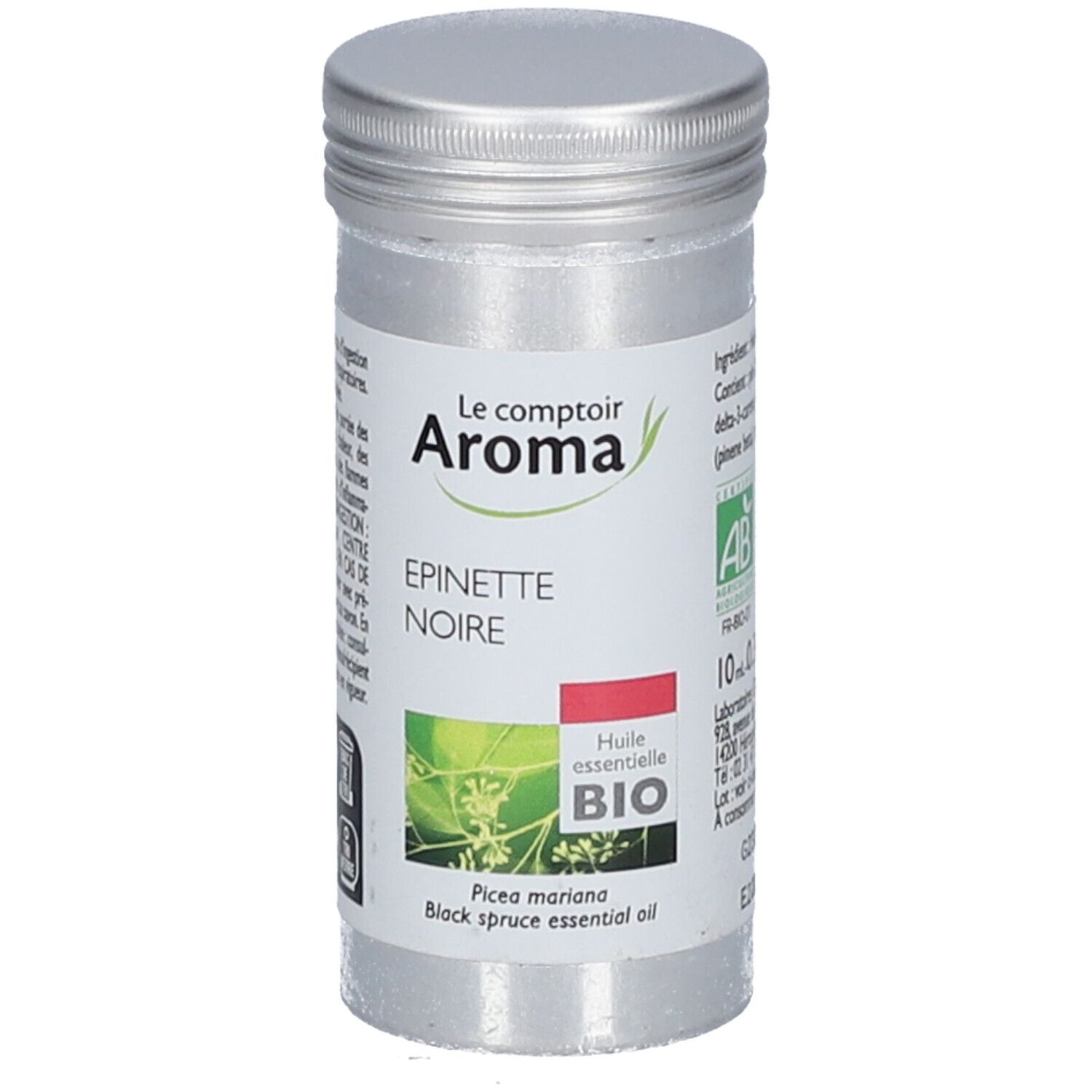 Zylindrische Metallflasche mit Etikett. Aufschrift: Le Comptoir Aroma, Epineette Noire, BIO. Mit AB-Siegel.