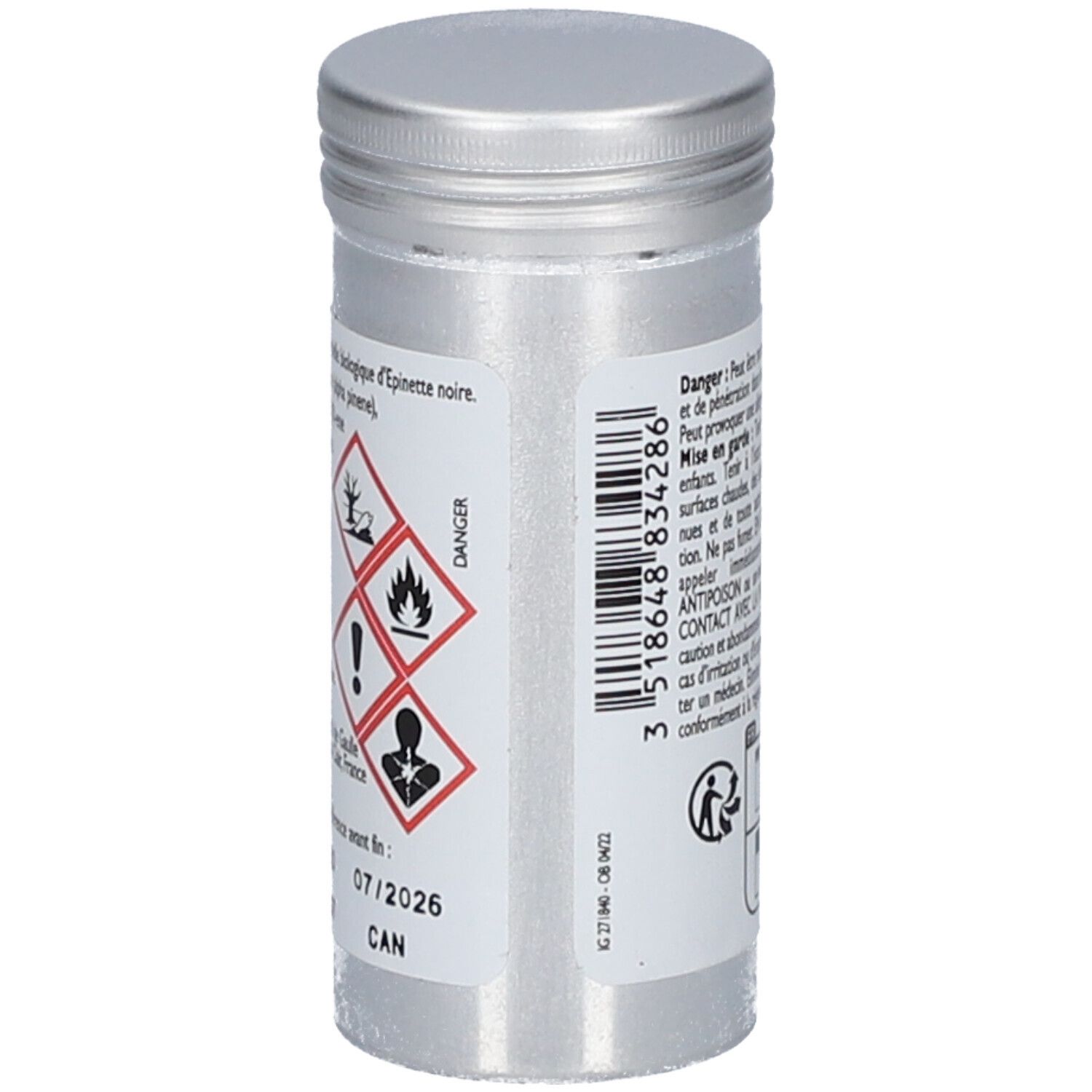 Zylindrische Metallflasche mit Etikett. Warnhinweise und Piktogramme. Haltbarkeitsdatum: 07/2026.