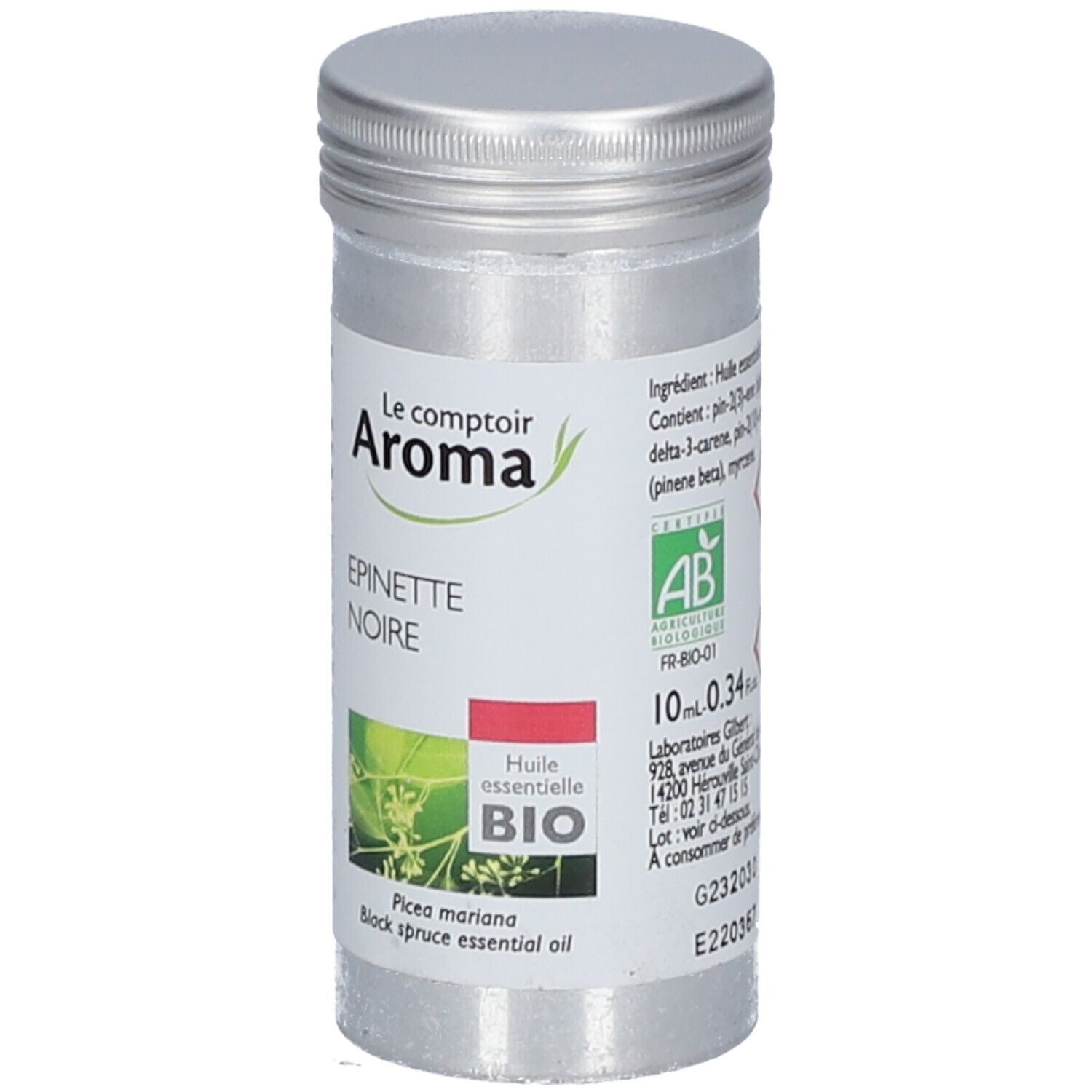 Zylindrische Metallflasche mit Etikett. Aufschrift: Le Comptoir Aroma, Epineette Noire, BIO. 10 ml. Mit AB-Siegel.