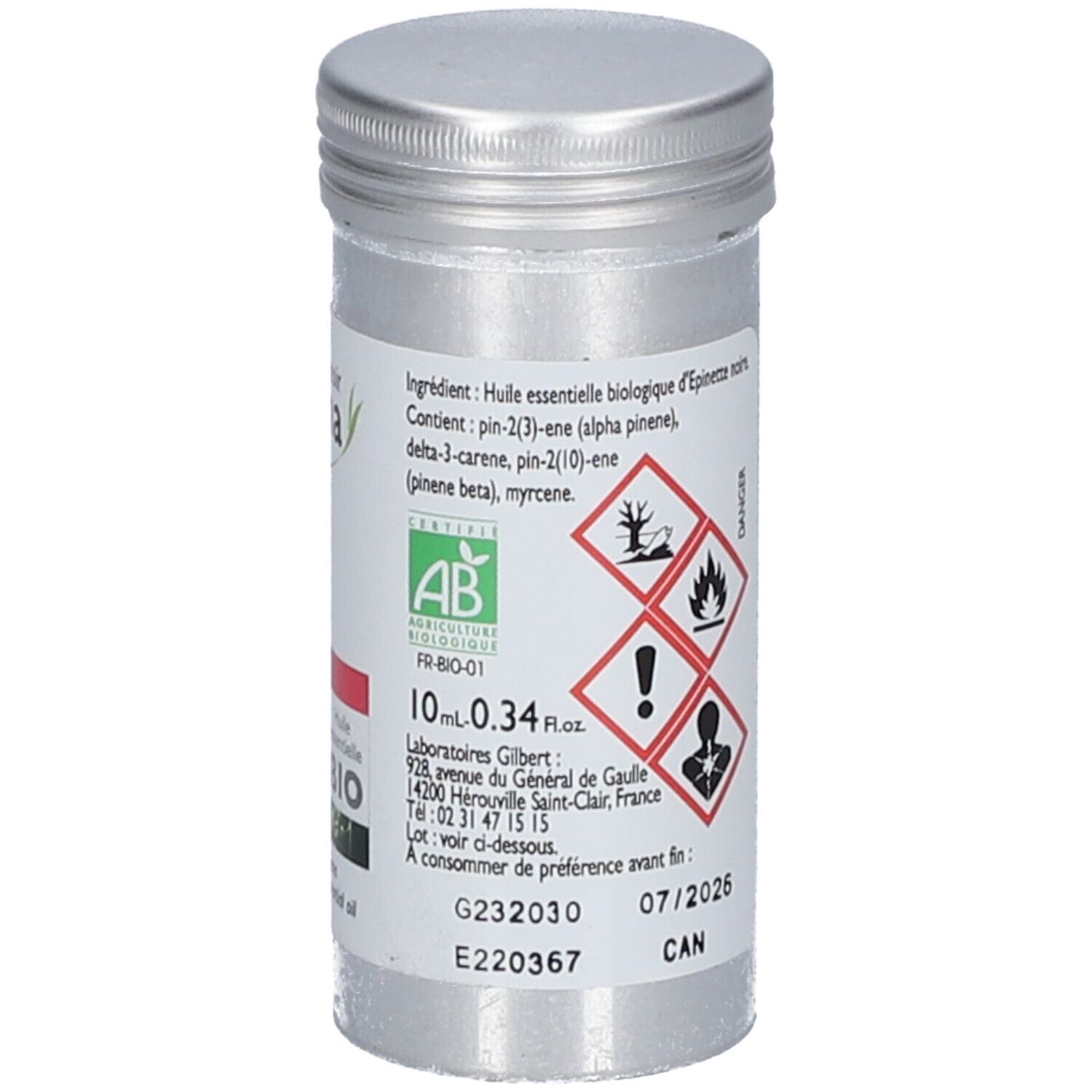 Zylindrische Metallflasche mit Etikett. Warnhinweise, Inhaltsstoffe, Haltbarkeit. 10 ml. Mit AB-Siegel.