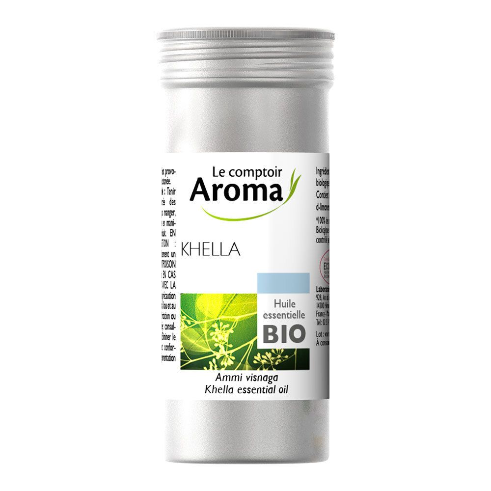 Emballage cylindrique métallique avec bouchon à vis. Étiquette avec logo, nom du produit et certification BIO.