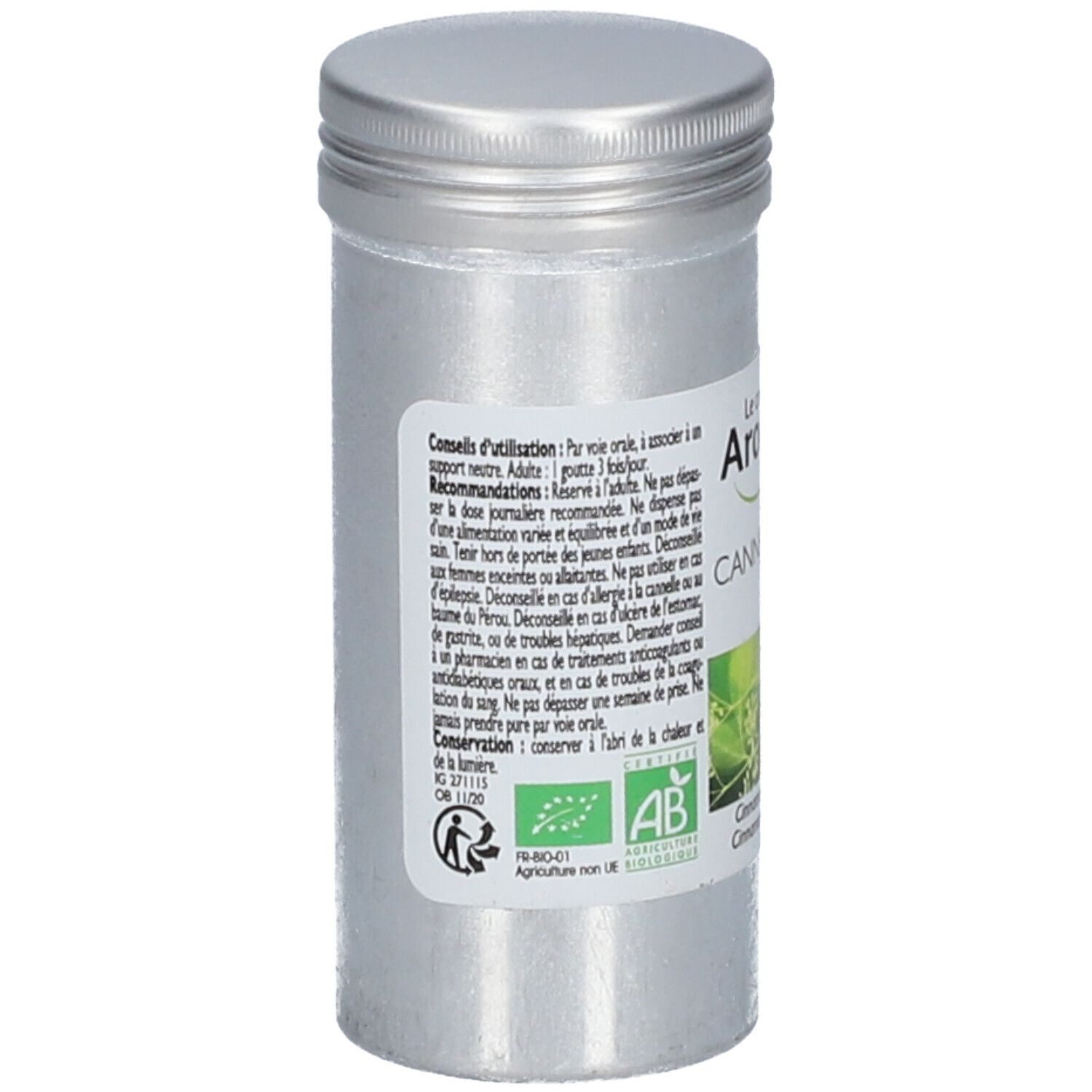 Flacon cylindrique en métal avec bouchon à vis. Étiquette avec conseils d'utilisation et certification bio. Contient de l'huile essentielle de cannelle.