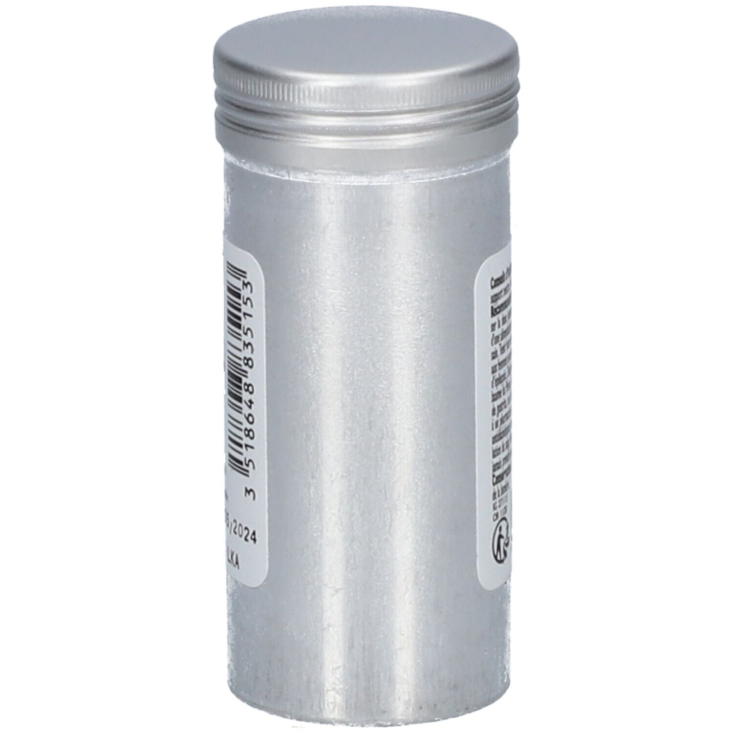 Flacon cylindrique en métal avec bouchon à vis. Étiquette avec code-barres et date de péremption. Contient de l'huile essentielle de cannelle.
