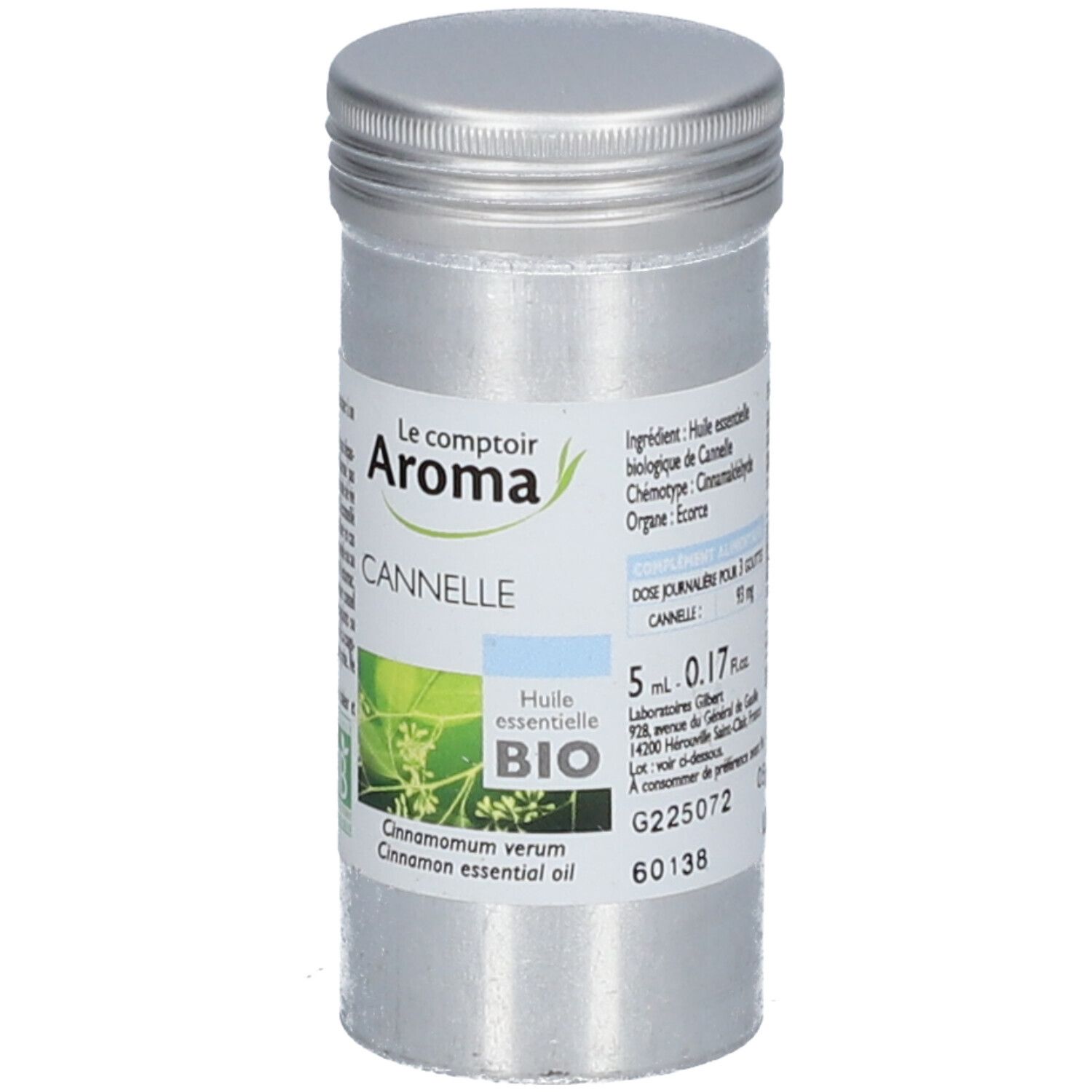 Flacon cylindrique en métal avec bouchon à vis. Étiquette avec logo, nom du produit, certification bio et informations. Contient de l'huile essentielle de cannelle.