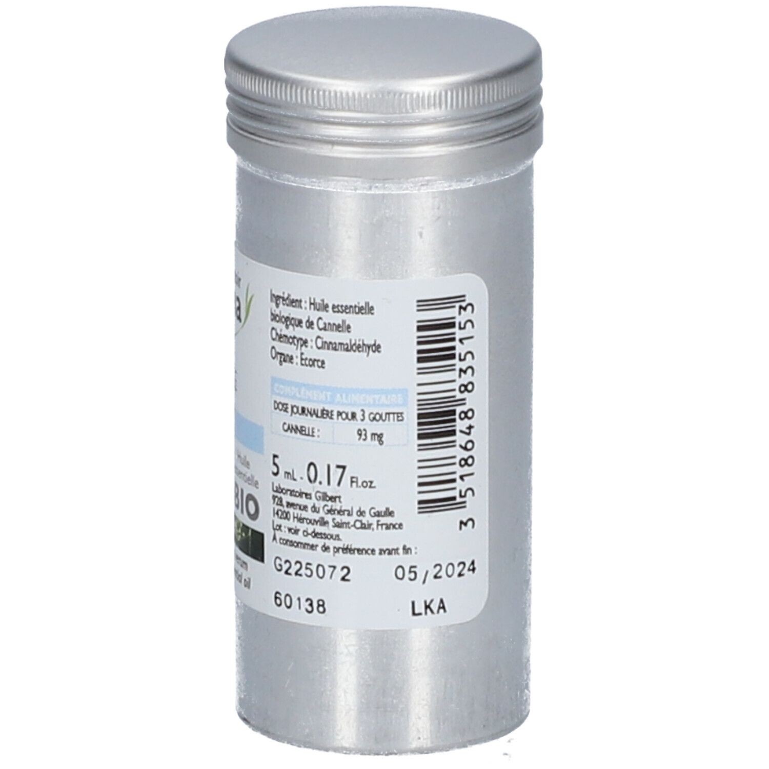 Flacon cylindrique en métal avec bouchon à vis. Étiquette avec logo, nom, certification bio et informations. Contient de l'huile essentielle de cannelle.