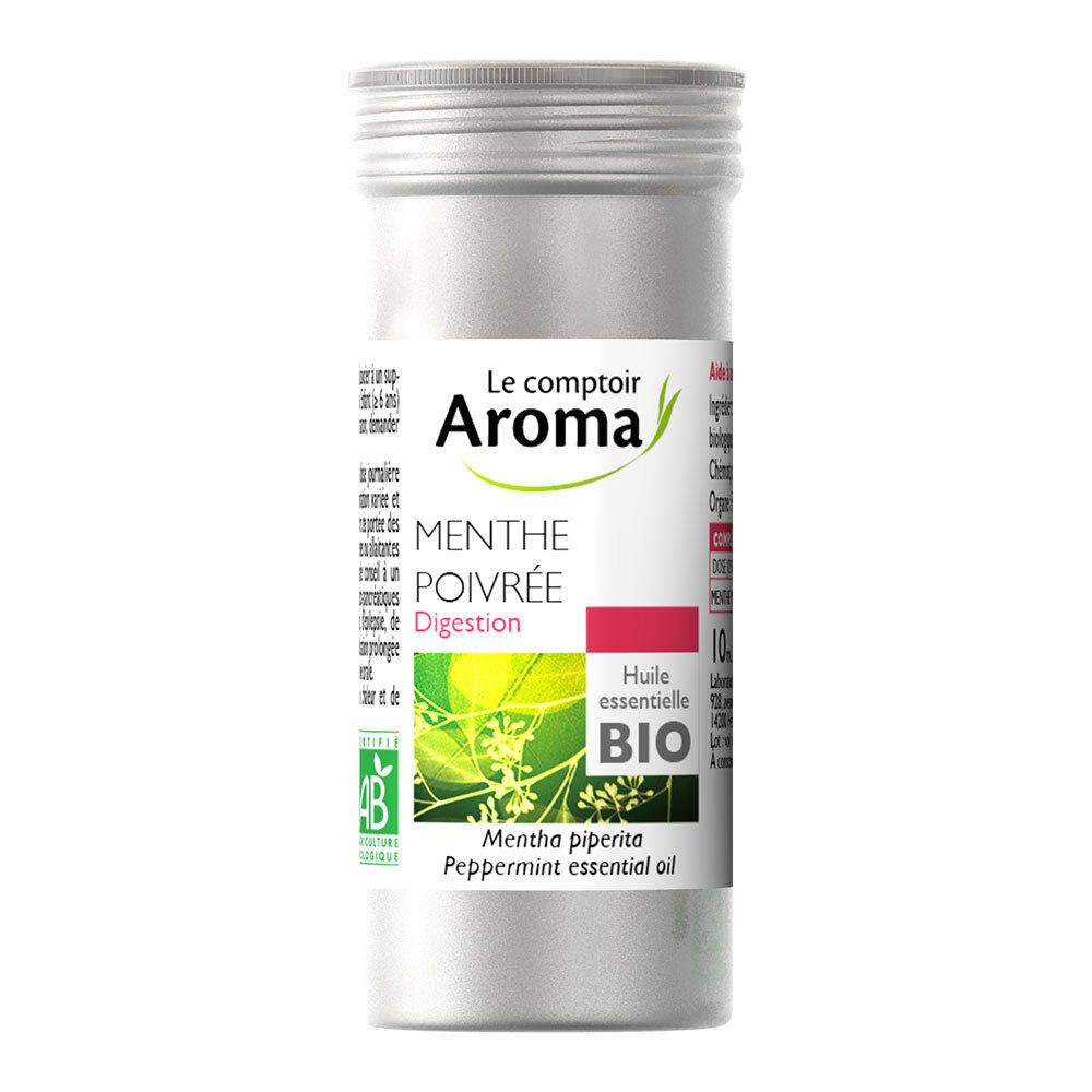 Zylindrische Metallverpackung mit Schraubverschluss. Etikett mit Produktinformationen und Bio-Siegel. Le Comptoir Aroma.