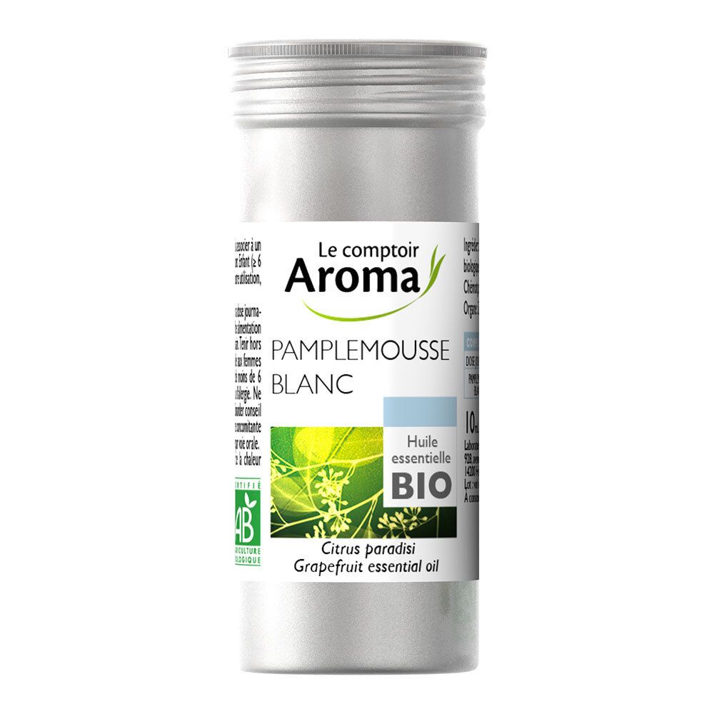 Emballage cylindrique en métal avec bouchon à vis. Étiquette avec nom du produit, label bio et informations.