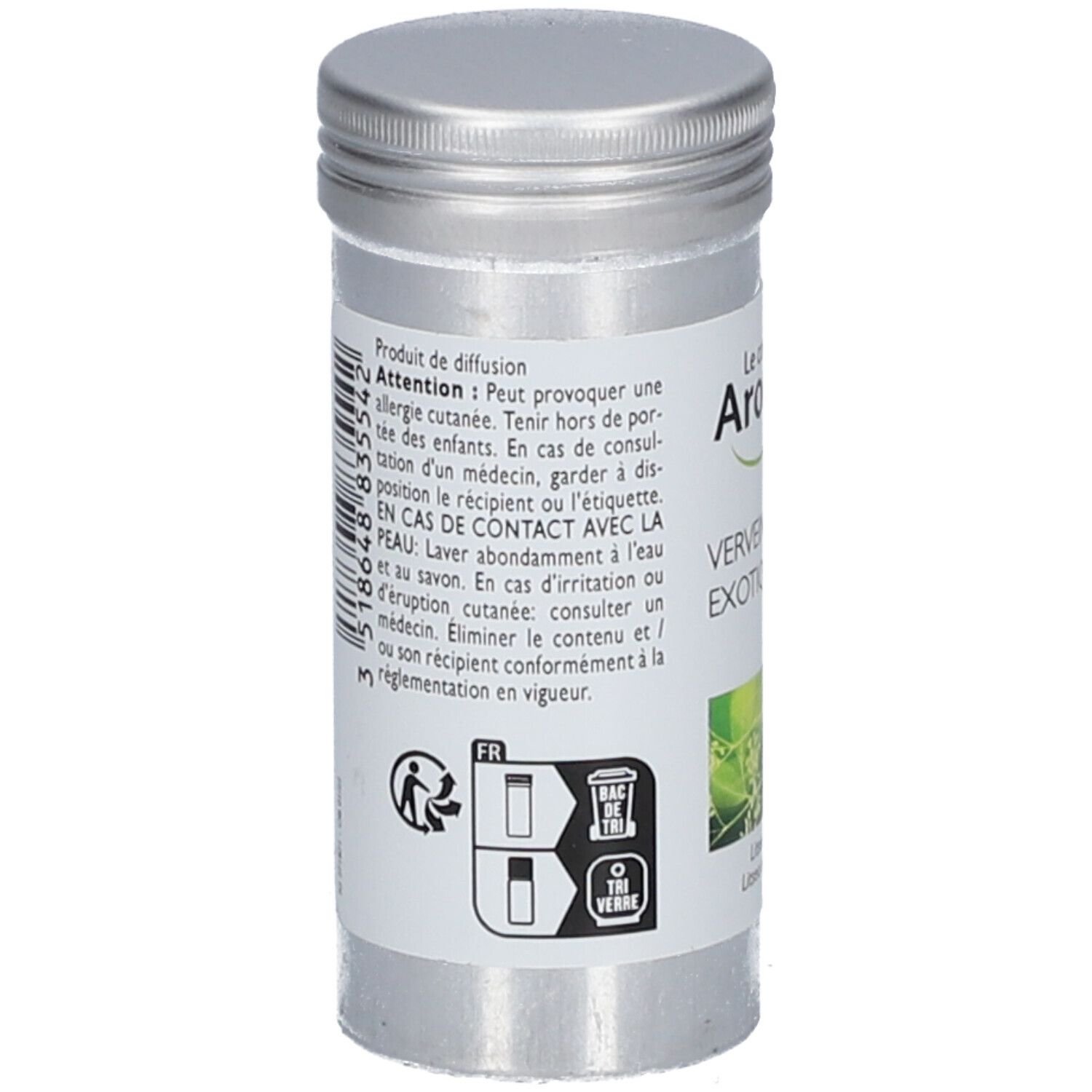 Rückseite der Metallflasche. Etikett mit Warnhinweisen und Entsorgungssymbolen. Text in Französisch.