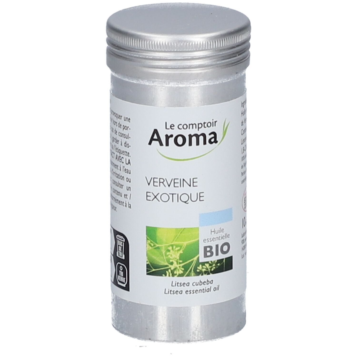 Zylindrische Metallflasche mit Etikett. Aufschrift: Le Comptoir Aroma, Verveine exotique, Huile essentielle BIO. Enthält Litsea cubeba.
