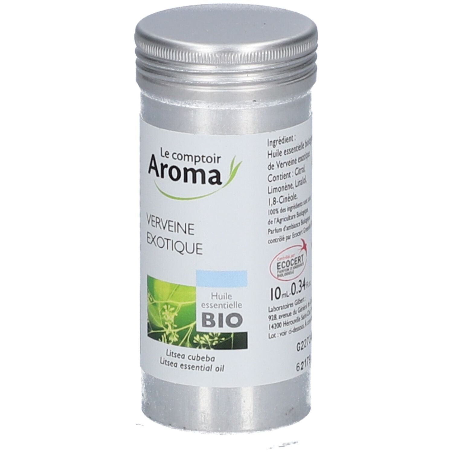 Metallflasche mit Etikett. Aufschrift: Le Comptoir Aroma, Verveine exotique, Huile essentielle BIO. Enthält 10ml, ECOCERT-Zertifizierung.