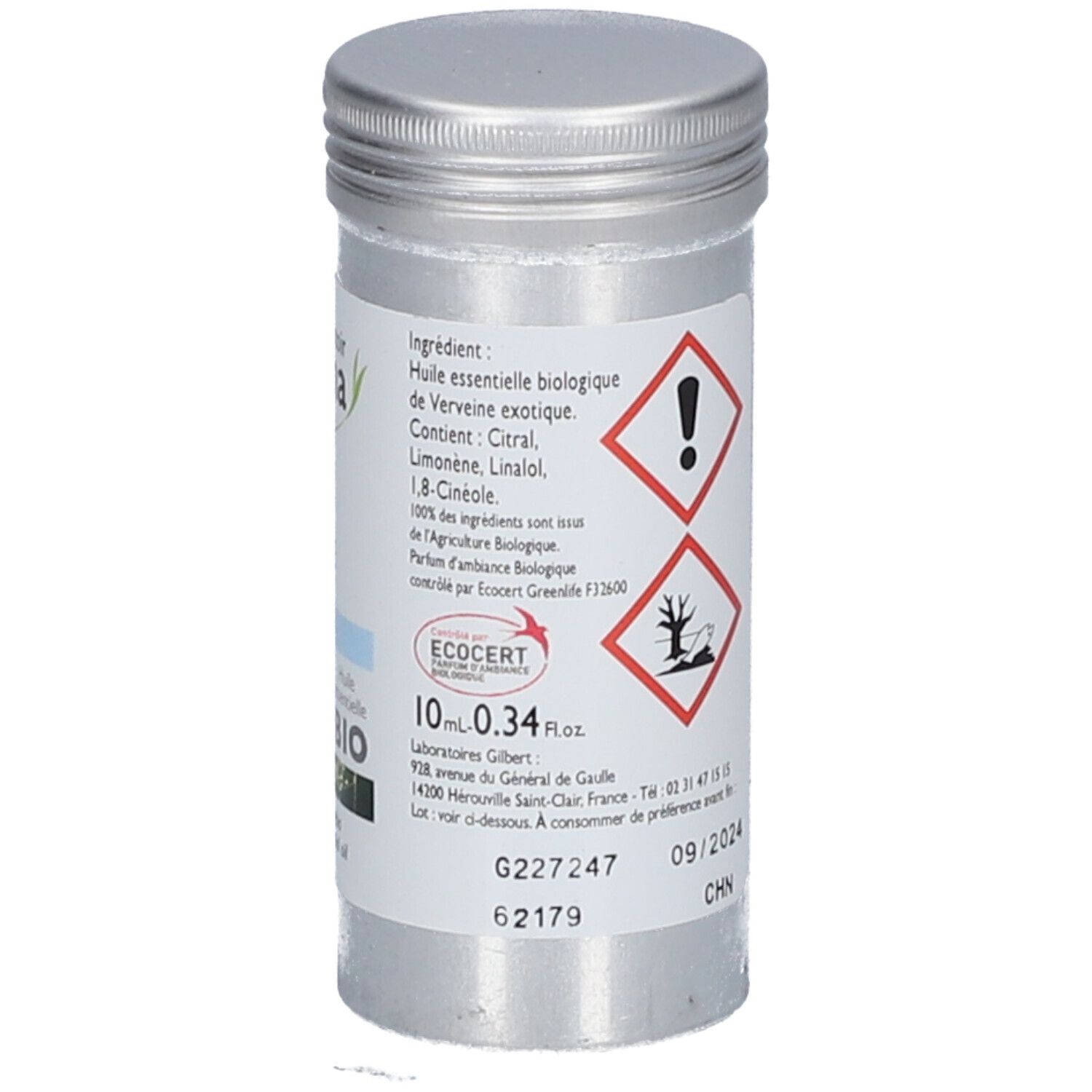 Metallflasche mit Etikett. Aufschrift: Le Comptoir Aroma, Verveine exotique, Huile essentielle BIO. Enthält 10ml, Warnsymbole, ECOCERT.