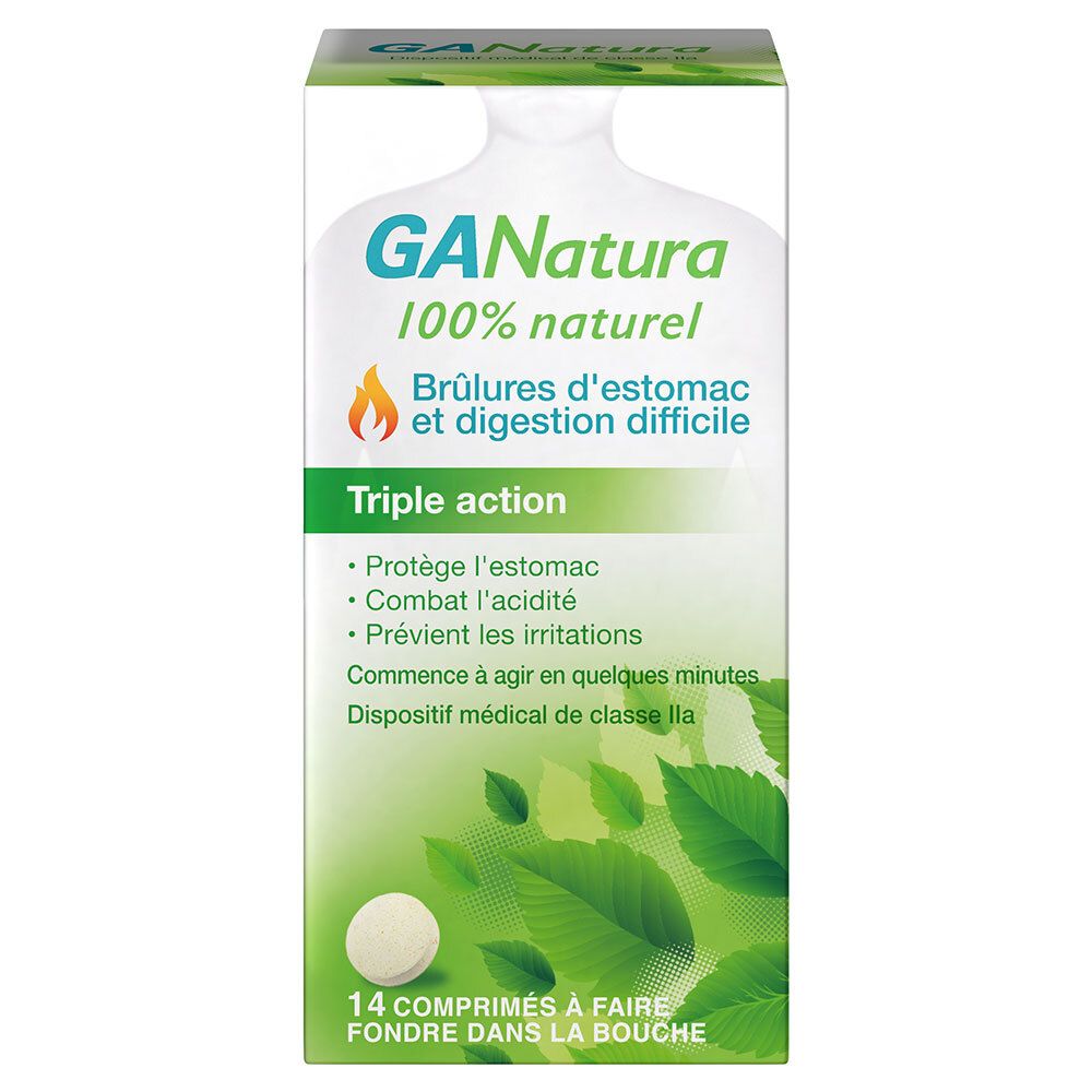 Boîte GANatura. Texte: 100% naturel, brûlures d'estomac et digestion difficile. 14 comprimés.