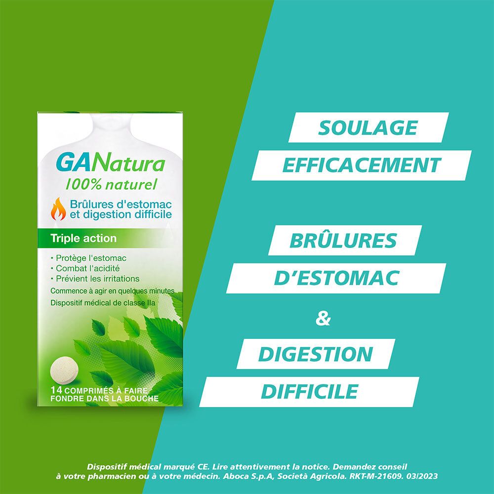 Fond turquoise avec texte: Soulage efficacement brûlures d'estomac et digestion difficile. Emballage GANatura.