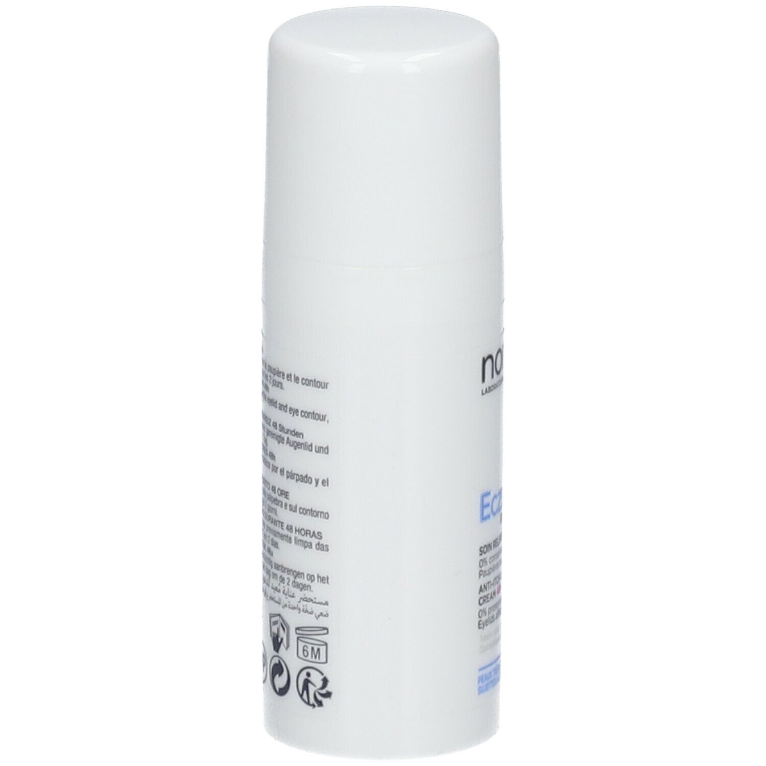 Flacon blanc avec texte. Marque : noreva. Produit : Eczeane Palpebral. Texte en français et anglais.