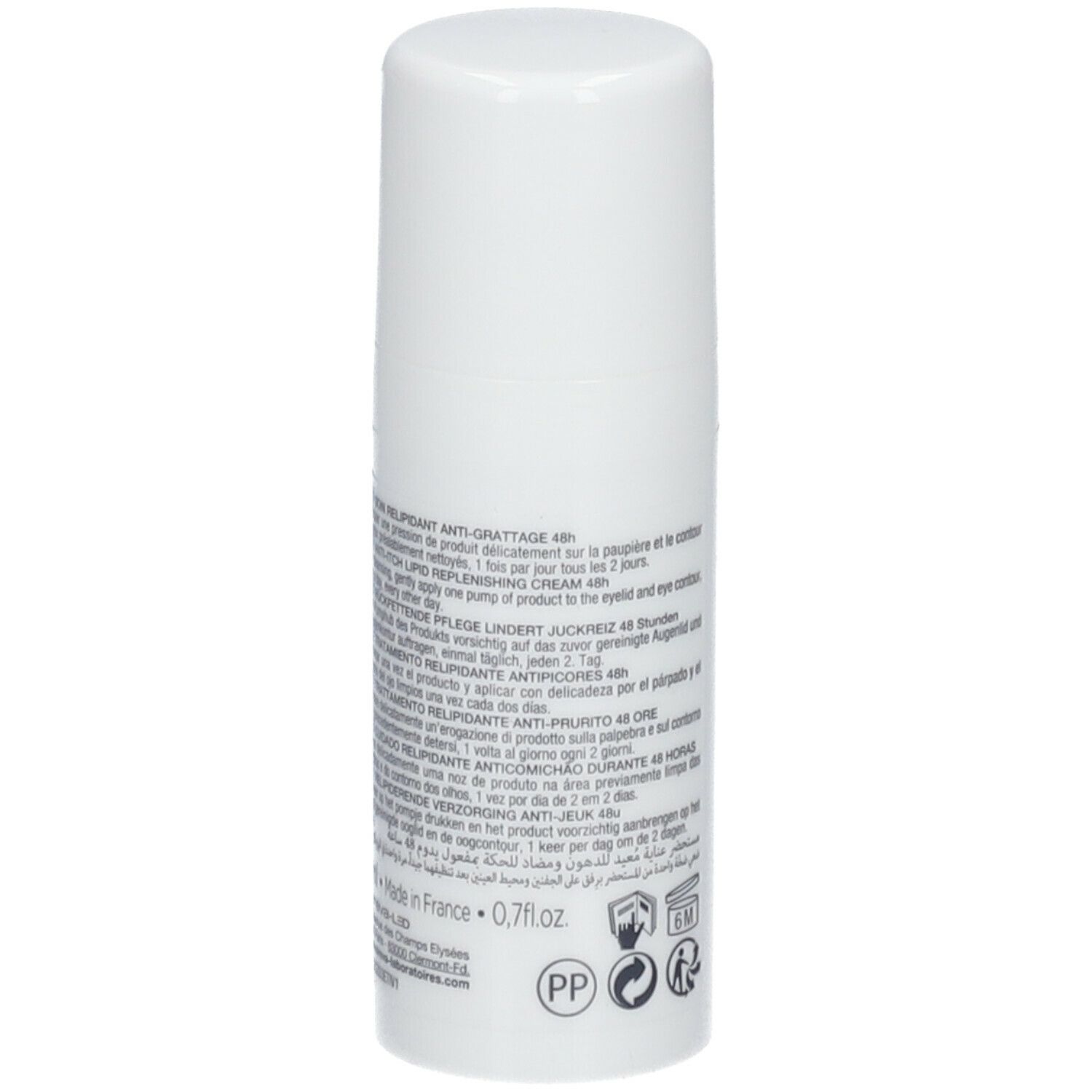 Flacon blanc avec texte. Marque : noreva. Produit : Eczeane Palpebral. Texte en français et anglais.
