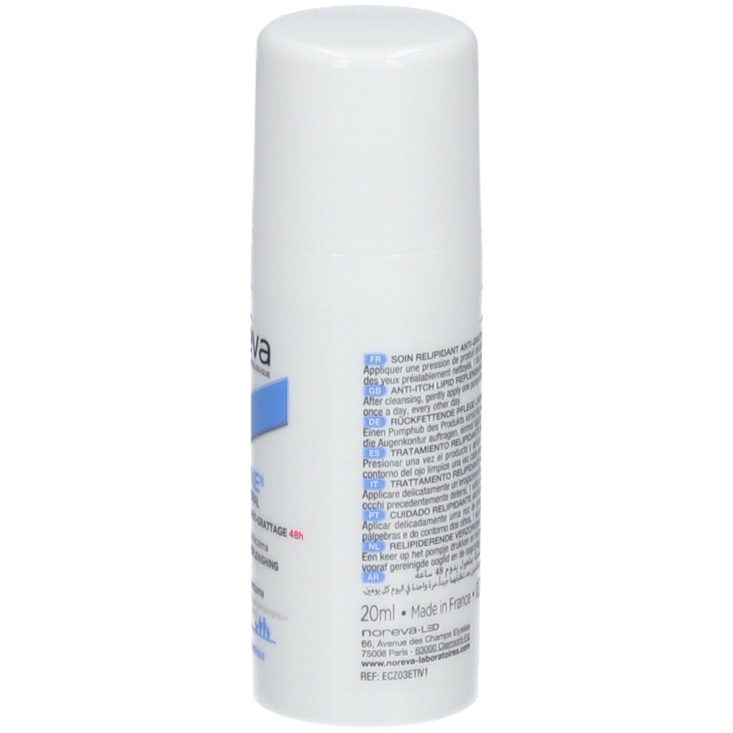 Flacon blanc avec texte. Marque : noreva. Produit : Eczeane Palpebral. Texte en français et anglais.
