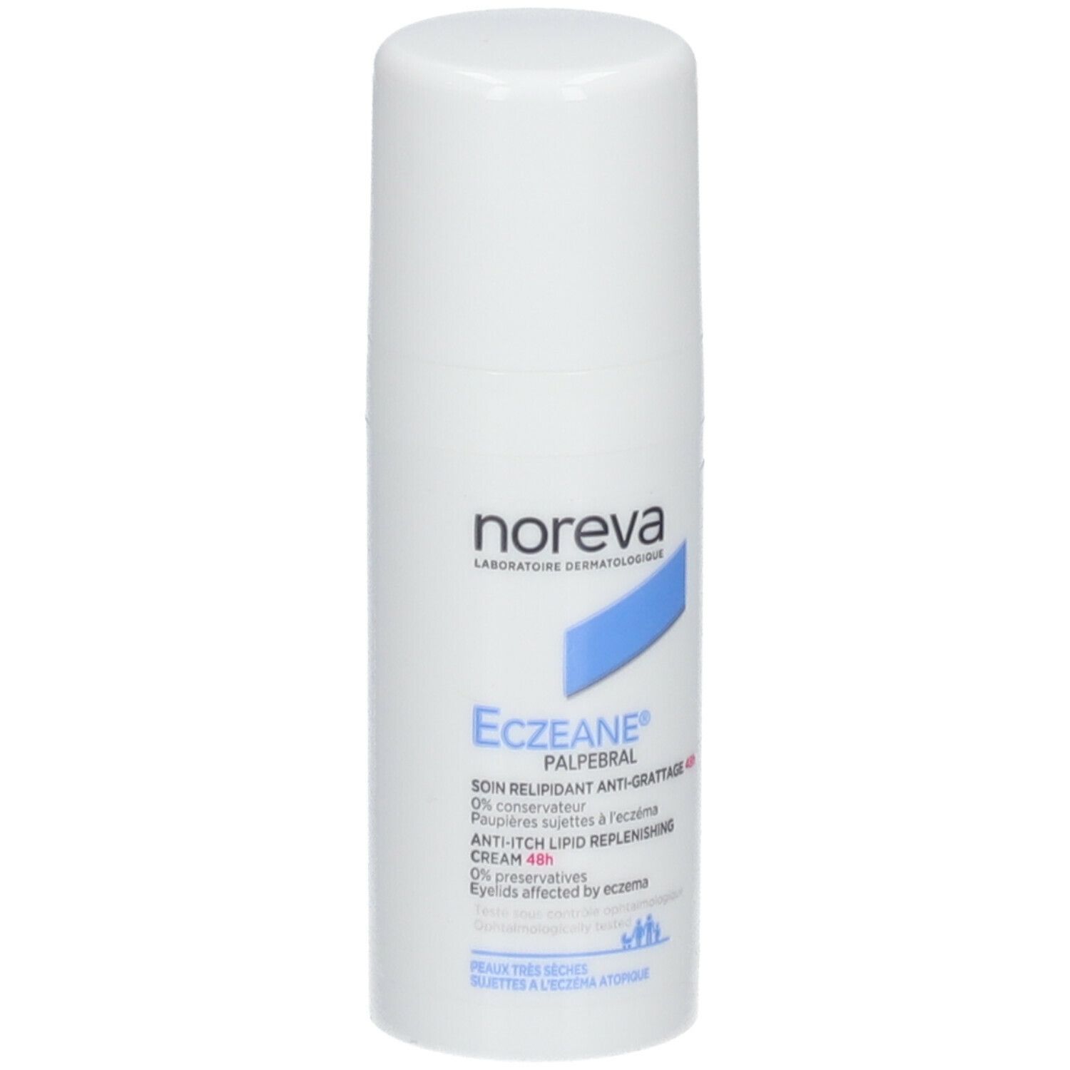 Flacon blanc avec bande bleue et texte. Marque : noreva. Produit : Eczeane Palpebral. Crème anti-démangeaisons.