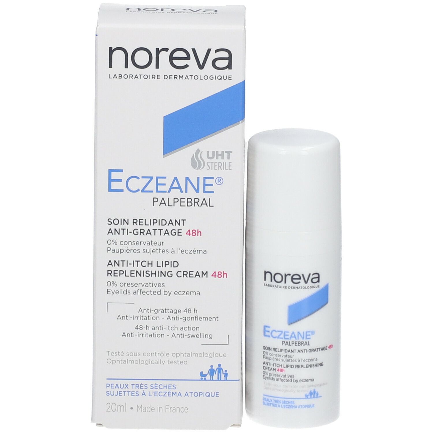 Emballage et flacon. Marque : noreva. Produit : Eczeane Palpebral. Texte en français. UHT stérile.