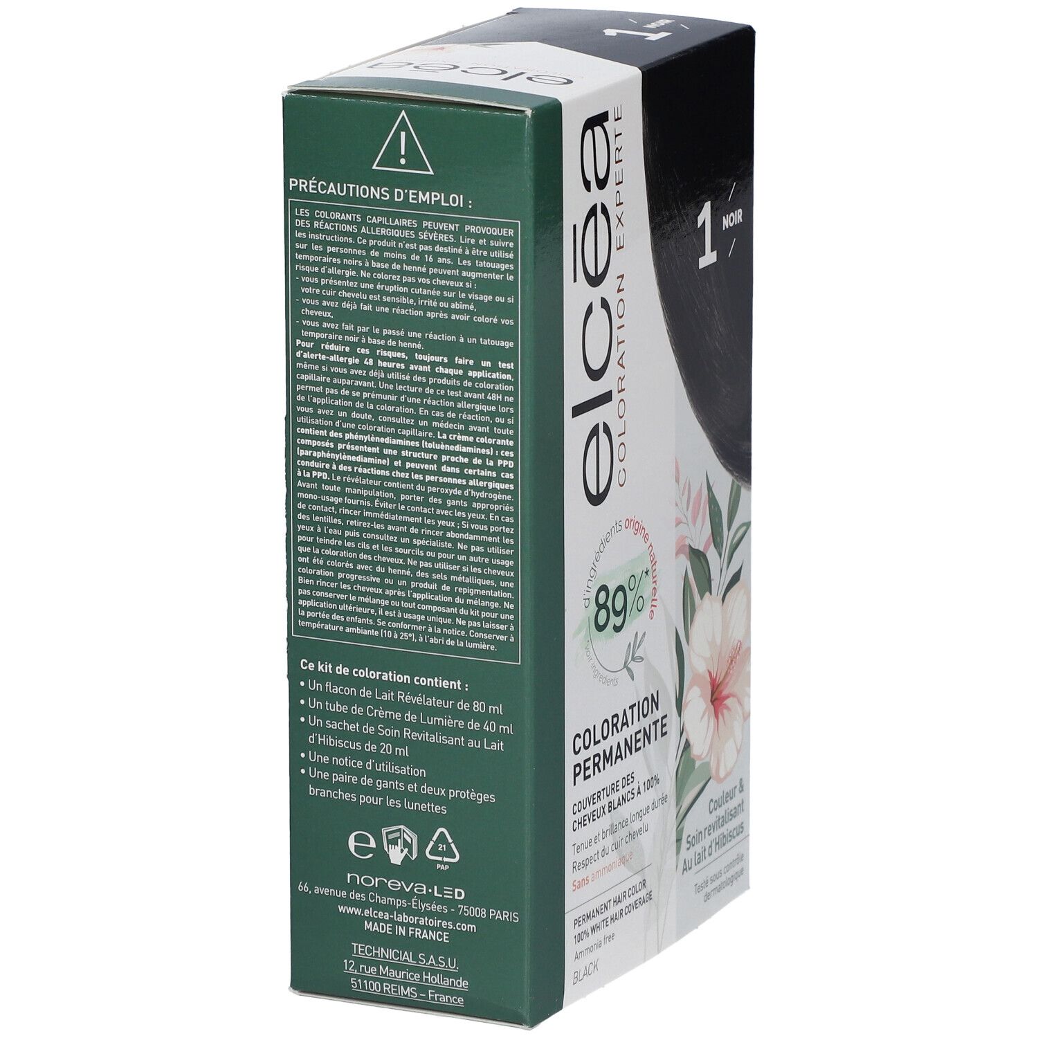Vue latérale de la boîte de coloration. Logo "Elcéa", "1 Noir" et 89% ingrédients naturels. Texte et hibiscus.