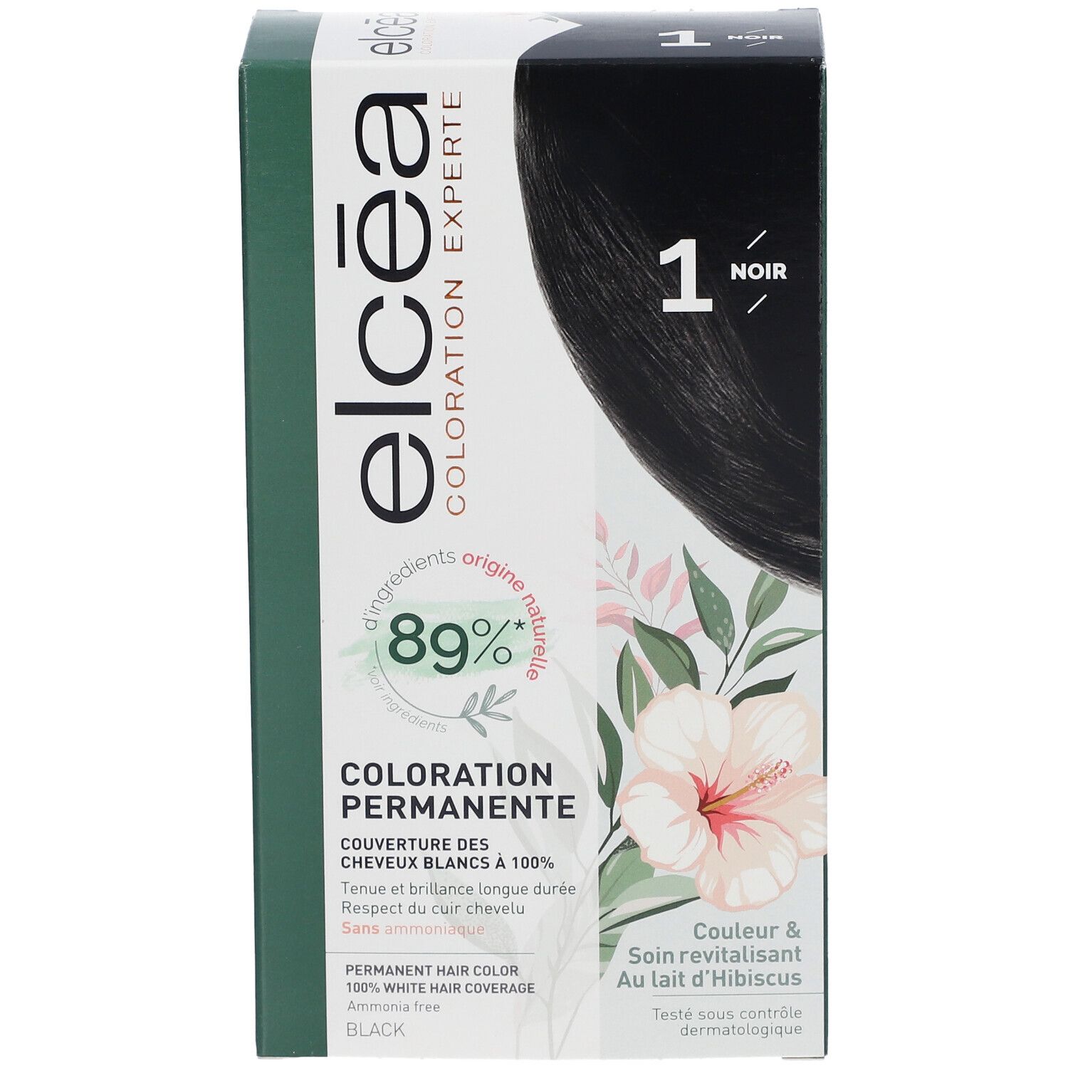 Boîte de coloration. Logo "Elcéa", "1 Noir" et 89% ingrédients naturels. Fleur d'hibiscus.