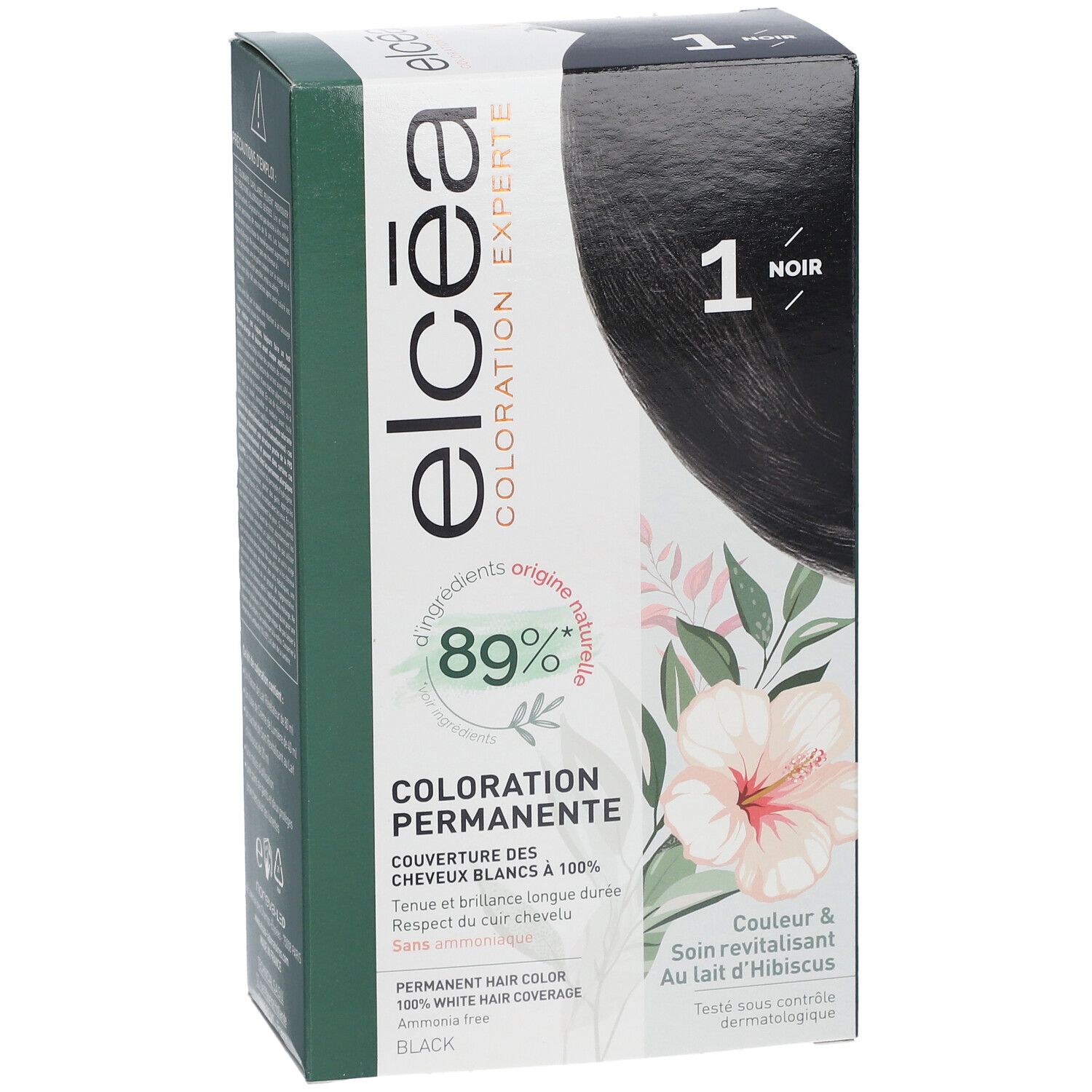 Boîte de coloration. Logo "Elcéa", "1 Noir" et 89% ingrédients naturels. Fleur d'hibiscus.
