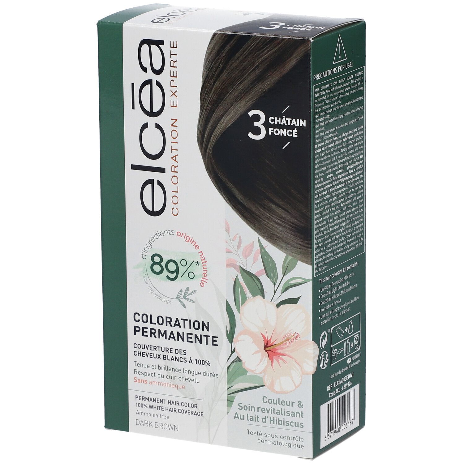 Boîte de coloration ELCEA, 3 Châtain foncé. Ingrédients naturels 89%. Couverture des cheveux blancs à 100%.